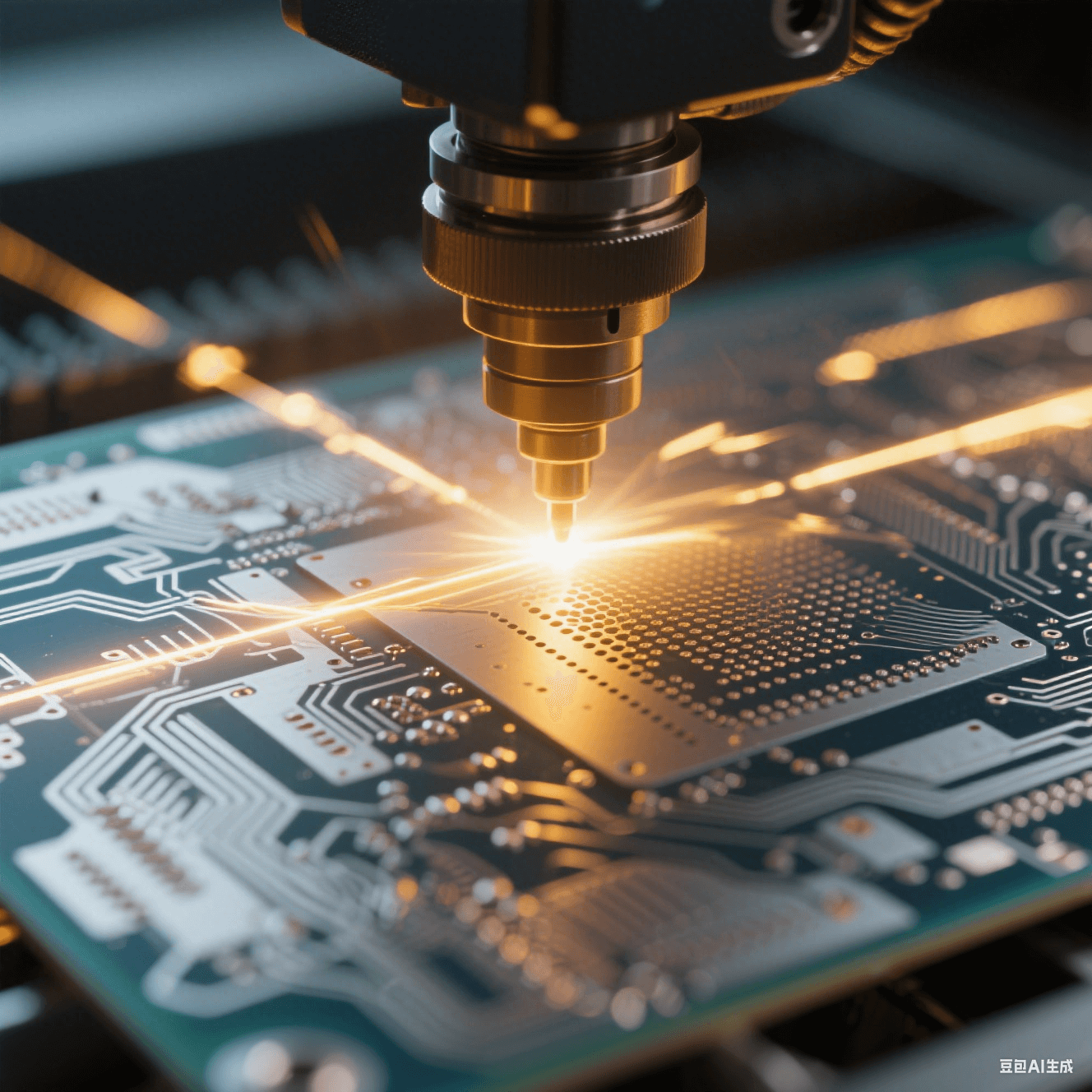 特種印制電路板的激光微孔加工過(guò)程，UV 激光束聚焦于板材，形成精細(xì)微孔