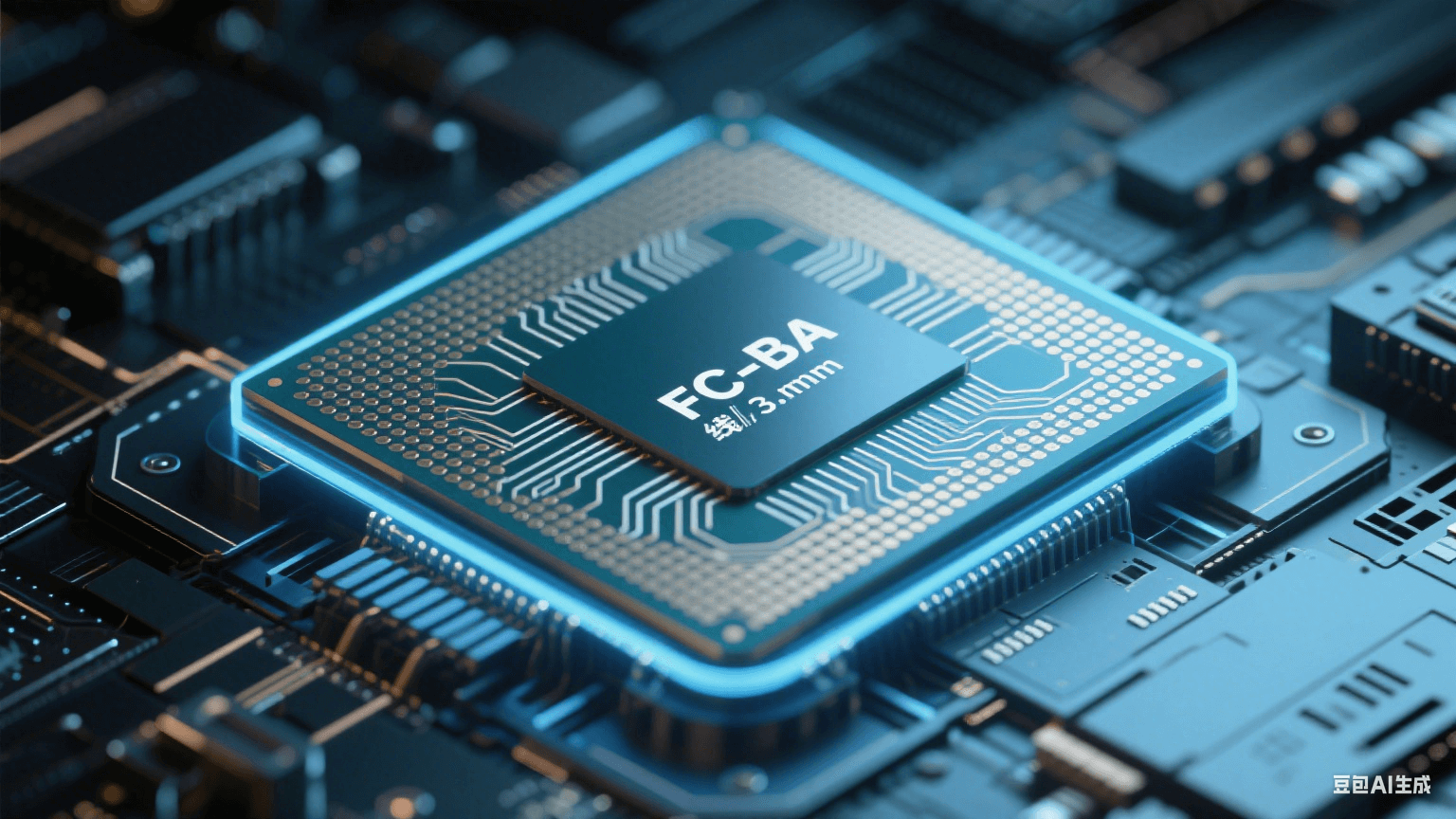 類載板（SLP）高密度互連示意圖，展示 3μm 線寬布線與 FC-BGA 封裝結(jié)構(gòu)，支持 HBM 芯片堆疊集成