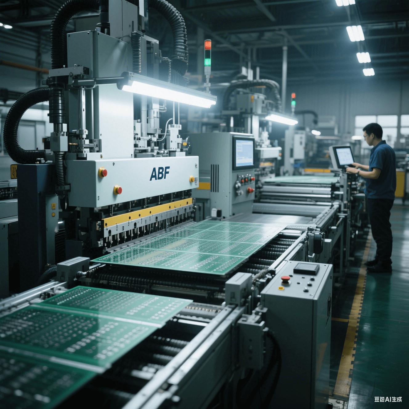 ABF 載板量產(chǎn)流水線實拍，呈現(xiàn) mSAP 工藝壓合與激光鉆孔工序，工人監(jiān)控設(shè)備運行，體現(xiàn)高多層基板制造流程。