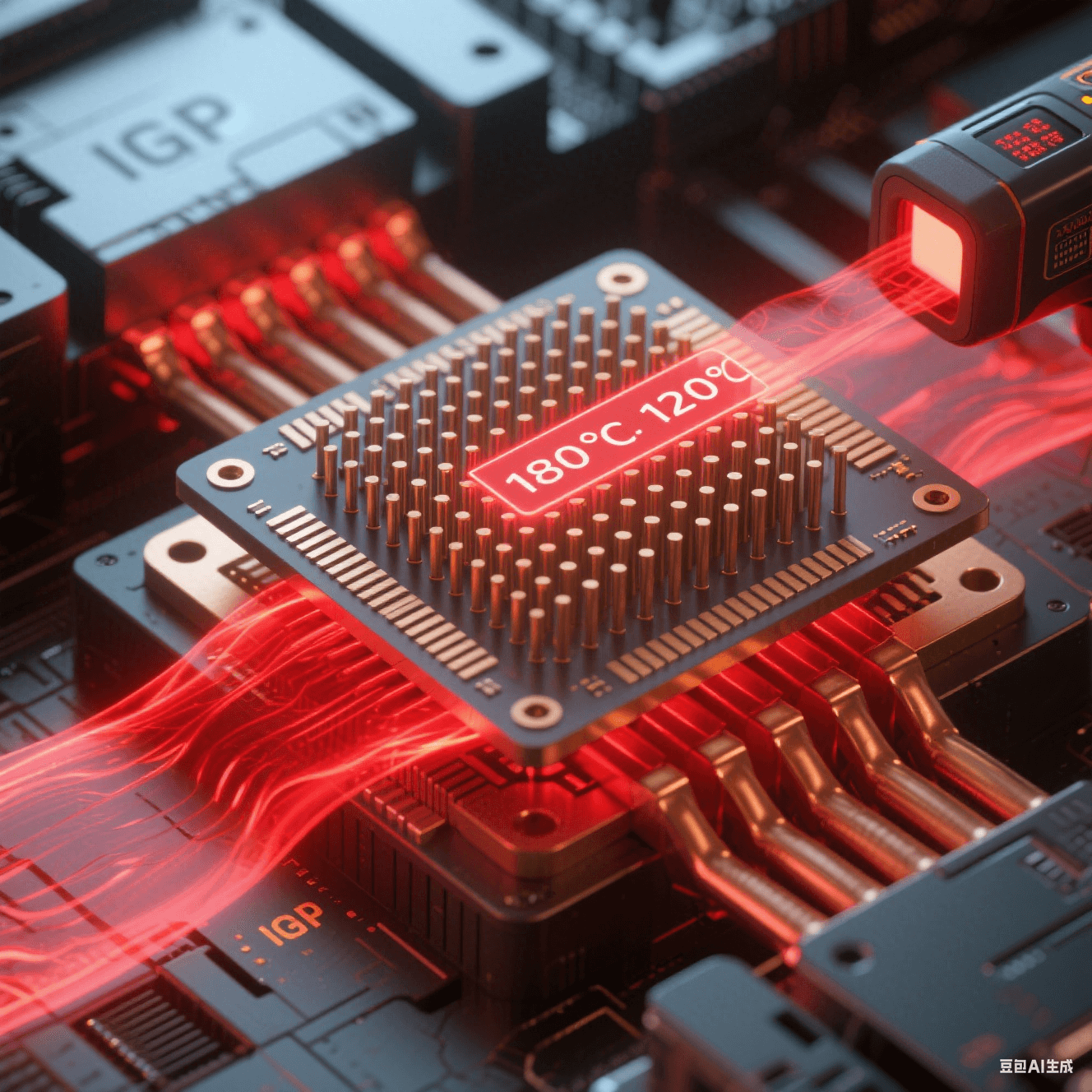 碳化硅微柱陣列嵌入銅熱沉，紅色熱流穿過柱體擴(kuò)散