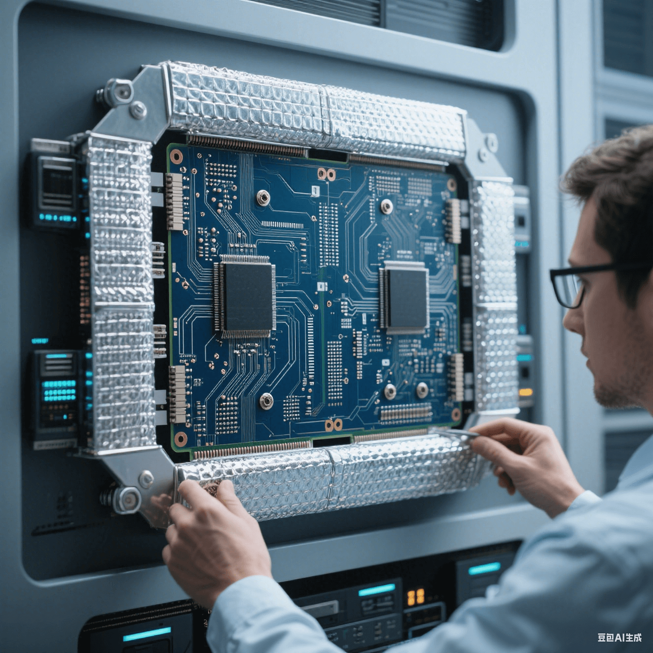 子計算高速電路板運用雙屏蔽層設計優(yōu)化信號完整性，工程師檢查屏蔽層安裝情況