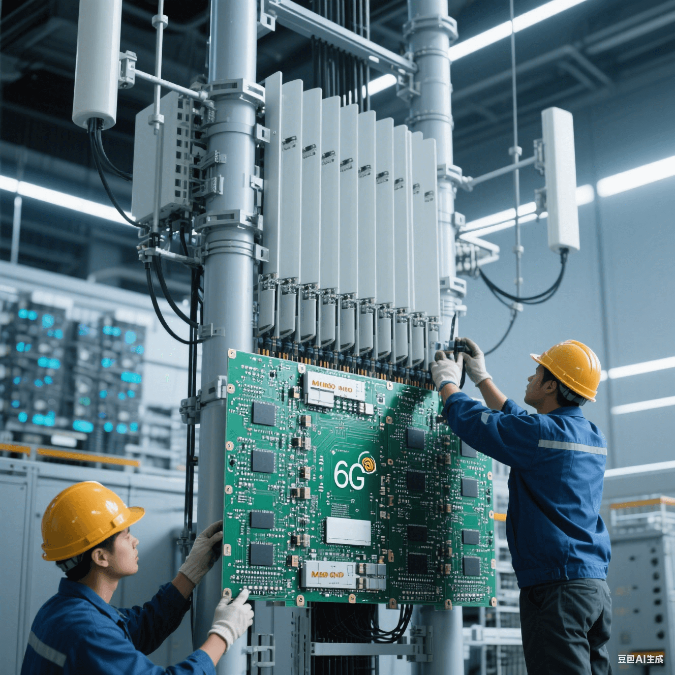 6G 基站中，超大規(guī)模 MIMO 天線與高速電路板集成，工人進(jìn)行安裝調(diào)試