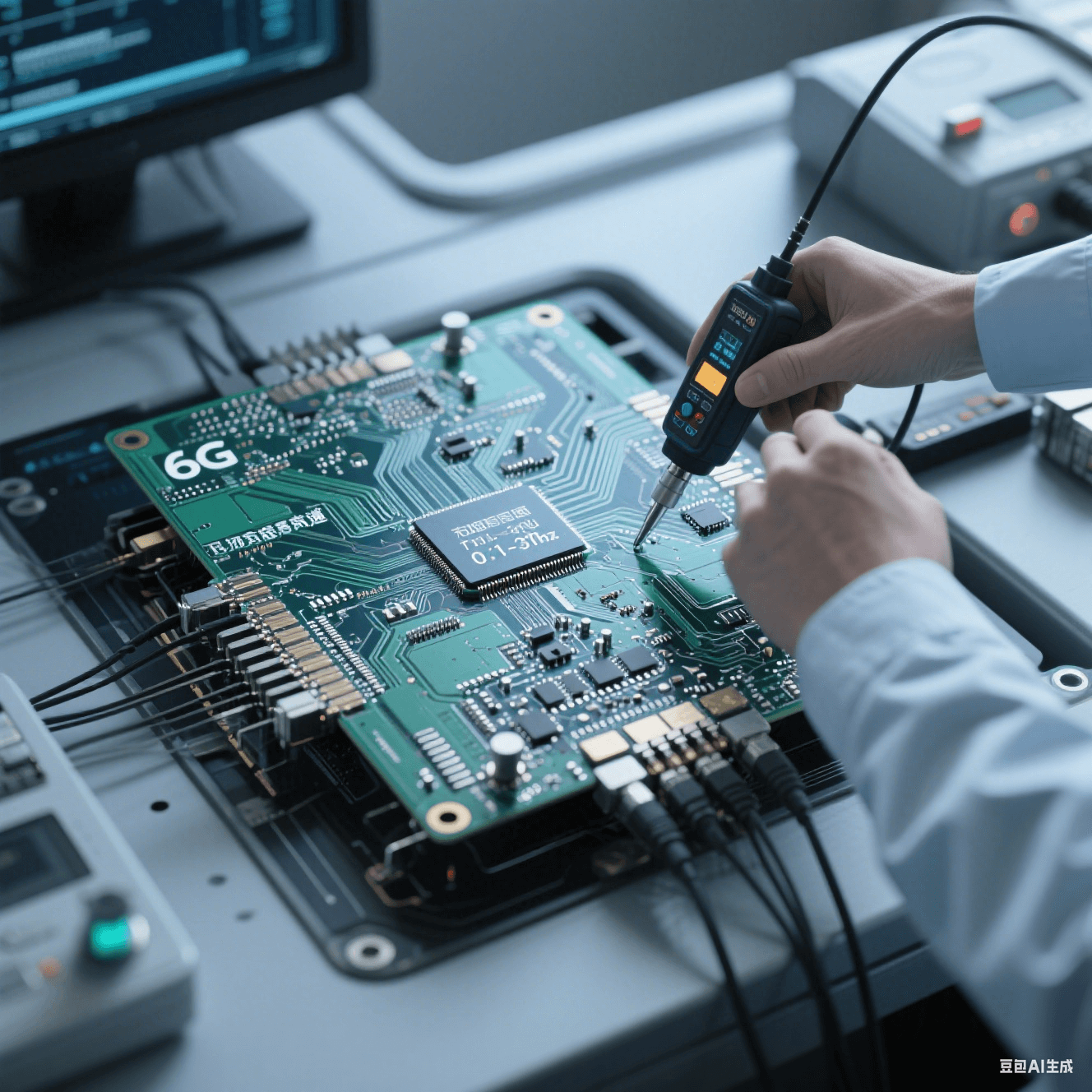 6G 通信高速電路板在太赫茲頻段（0.1 - 3THz）測試環(huán)境，工程師用儀器檢測阻抗控制和串?dāng)_抑制情況