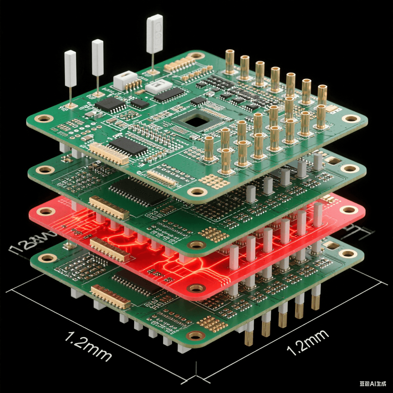 128通道天線板爆炸視圖：射頻層/電源層/信號(hào)層堆疊結(jié)構(gòu)，熱通孔陣列散發(fā)紅色熱流