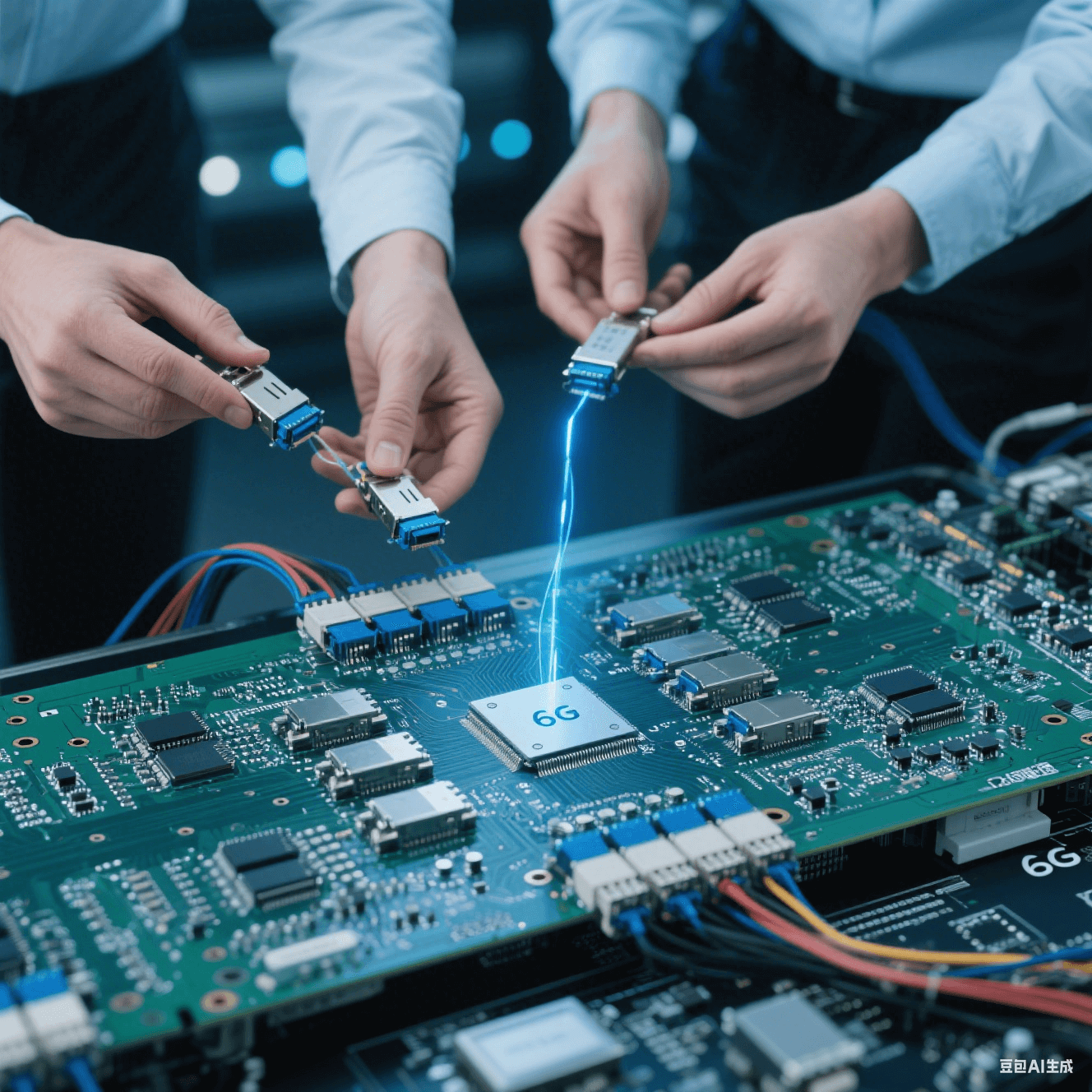 6G 通信高速電路板與硅光模塊互連，技術(shù)人員檢查連接情況和信號傳輸效果。