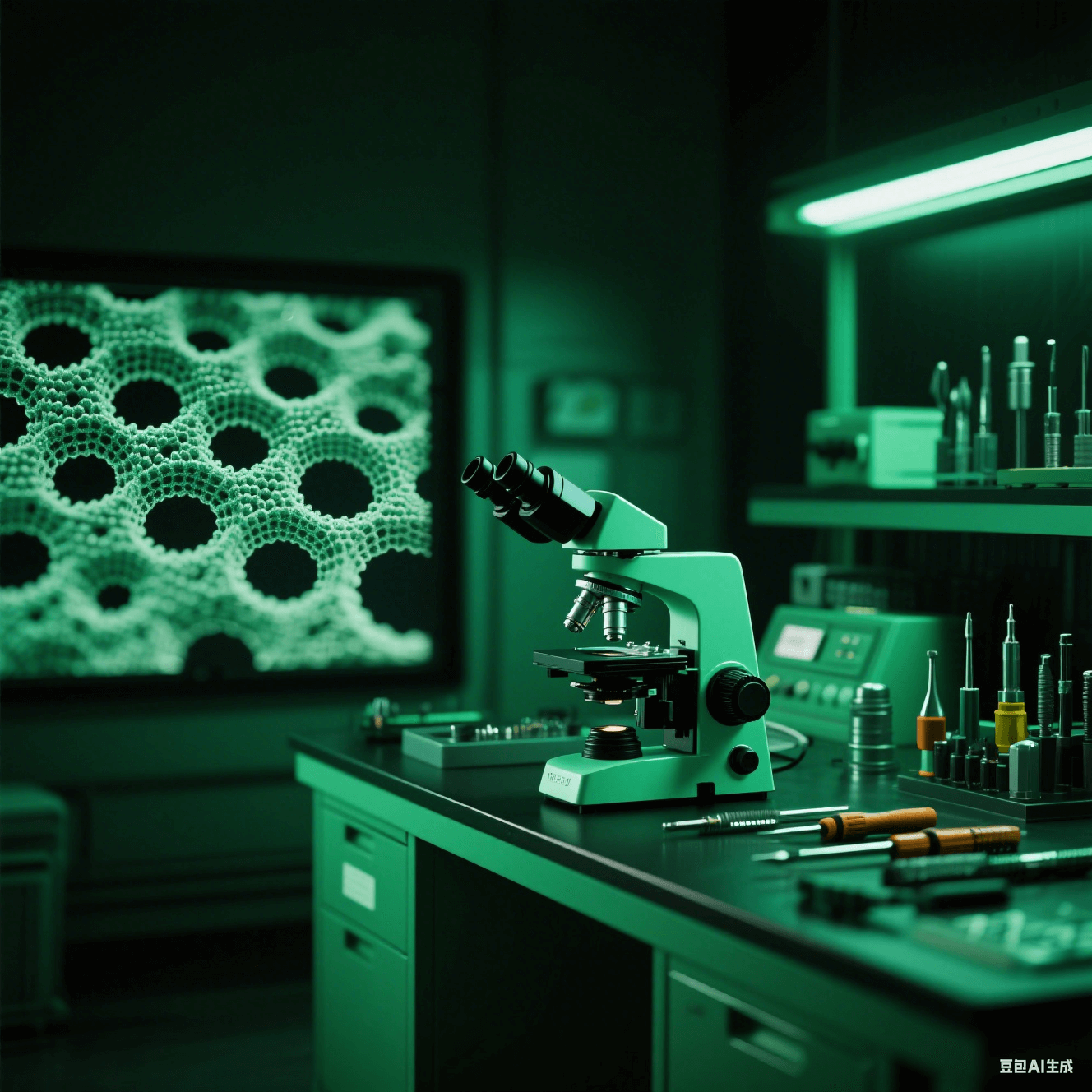 納米級(jí)加工技術(shù)實(shí)驗(yàn)室中電子顯微鏡顯示納米微孔結(jié)構(gòu)，操作臺(tái)擺放納米加工工具