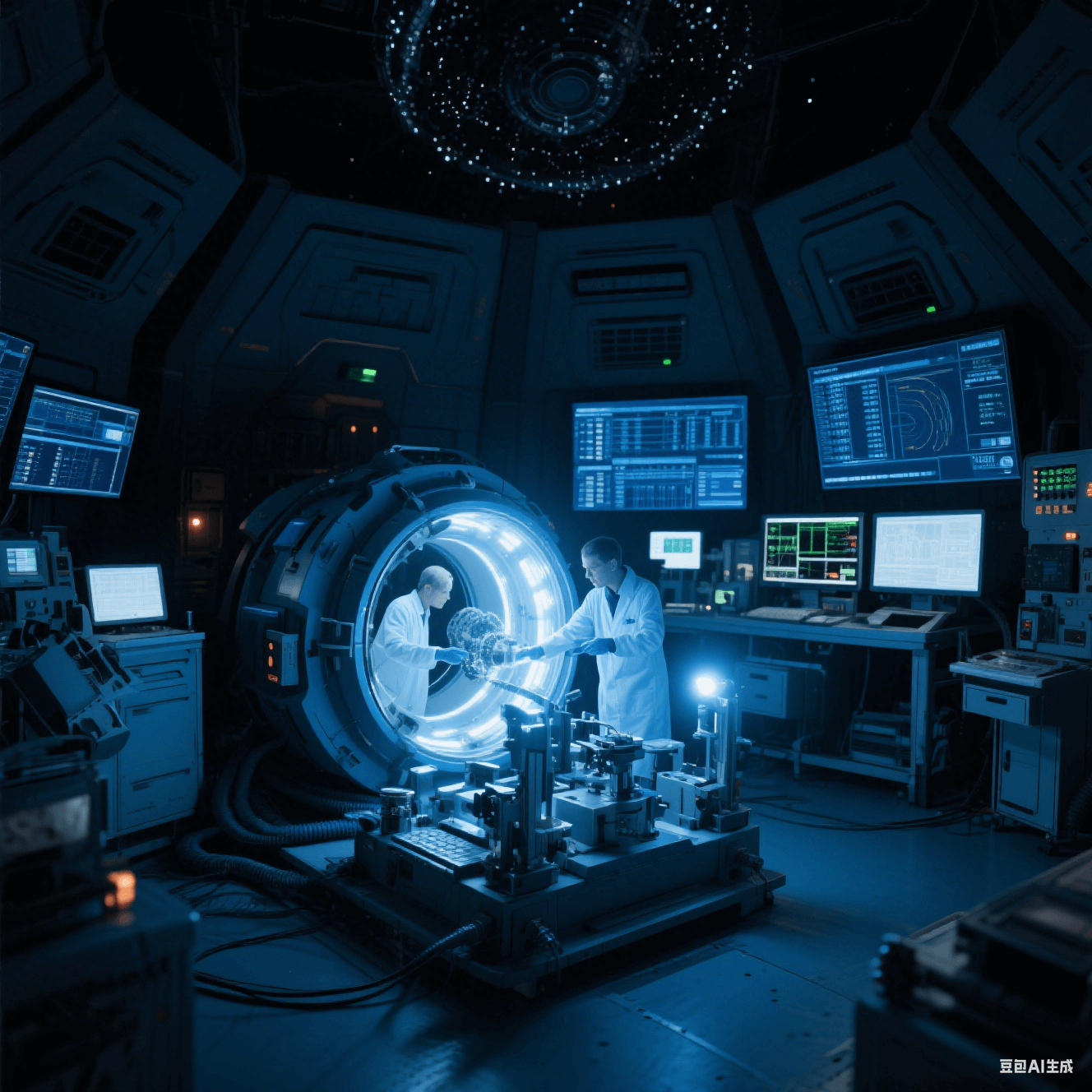 太空環(huán)境模擬實(shí)驗(yàn)室中科研人員模擬微重力下的微孔加工，實(shí)驗(yàn)艙燈光閃爍