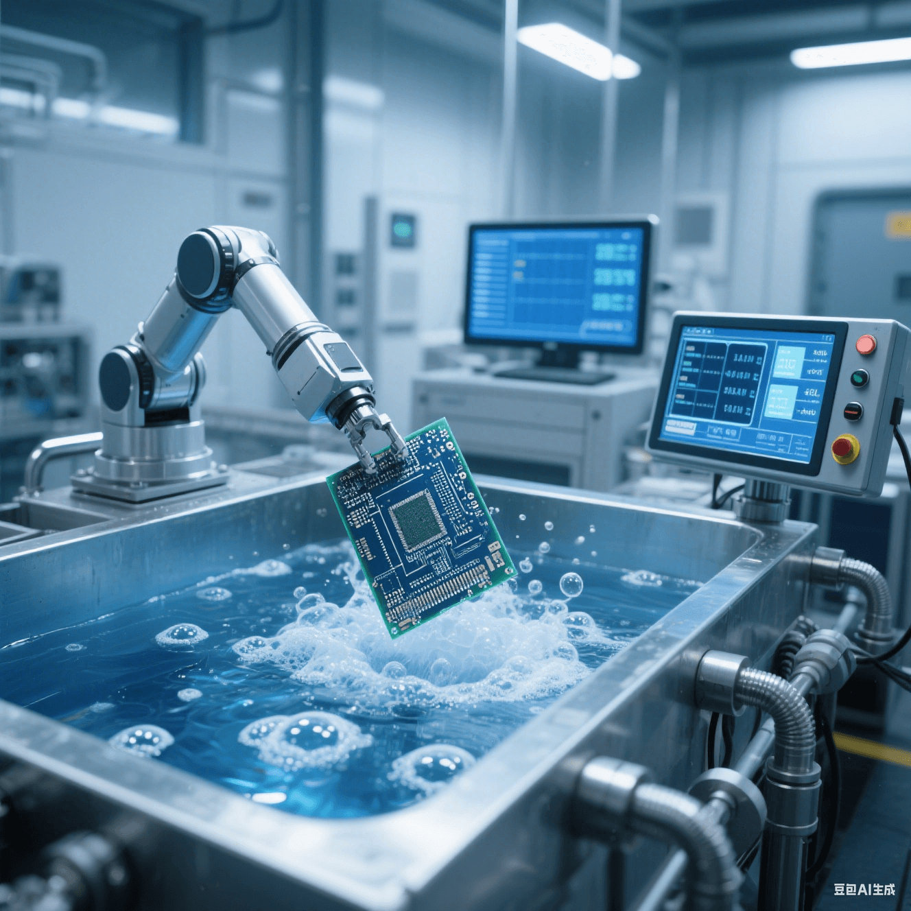 現(xiàn)代化電鍍車間中電鍍槽溶液冒泡，機(jī)械手臂將 PCB 板放入槽內(nèi)電鍍，旁側(cè)監(jiān)測(cè)儀器顯示數(shù)據(jù)