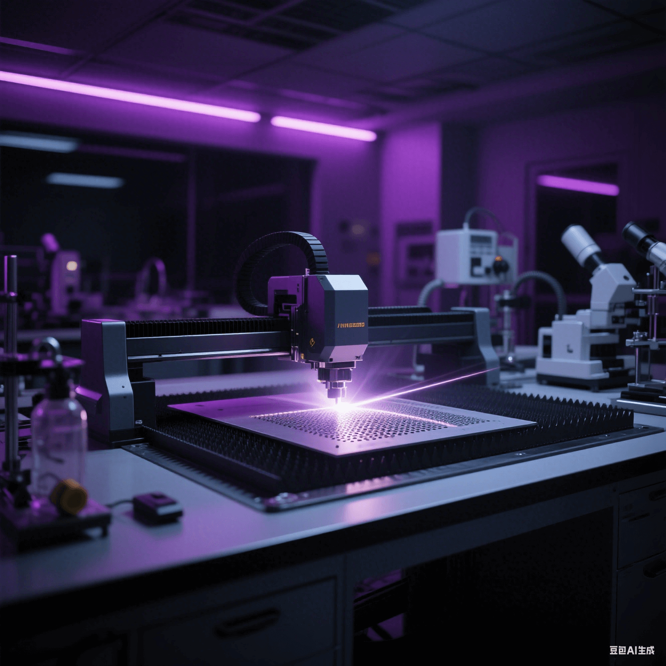 材料實(shí)驗(yàn)室中激光切割設(shè)備對(duì)新型微孔加工材料進(jìn)行切割，切割光線照亮實(shí)驗(yàn)室