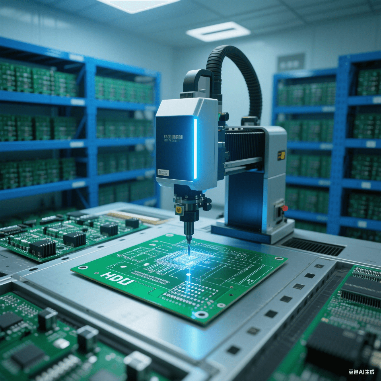 無(wú)塵車間內(nèi)先進(jìn)的激光鉆孔機(jī)正對(duì)綠色 HDI 板進(jìn)行高精度鉆孔，機(jī)器發(fā)出藍(lán)色光束，周圍是整齊的電子元件貨架