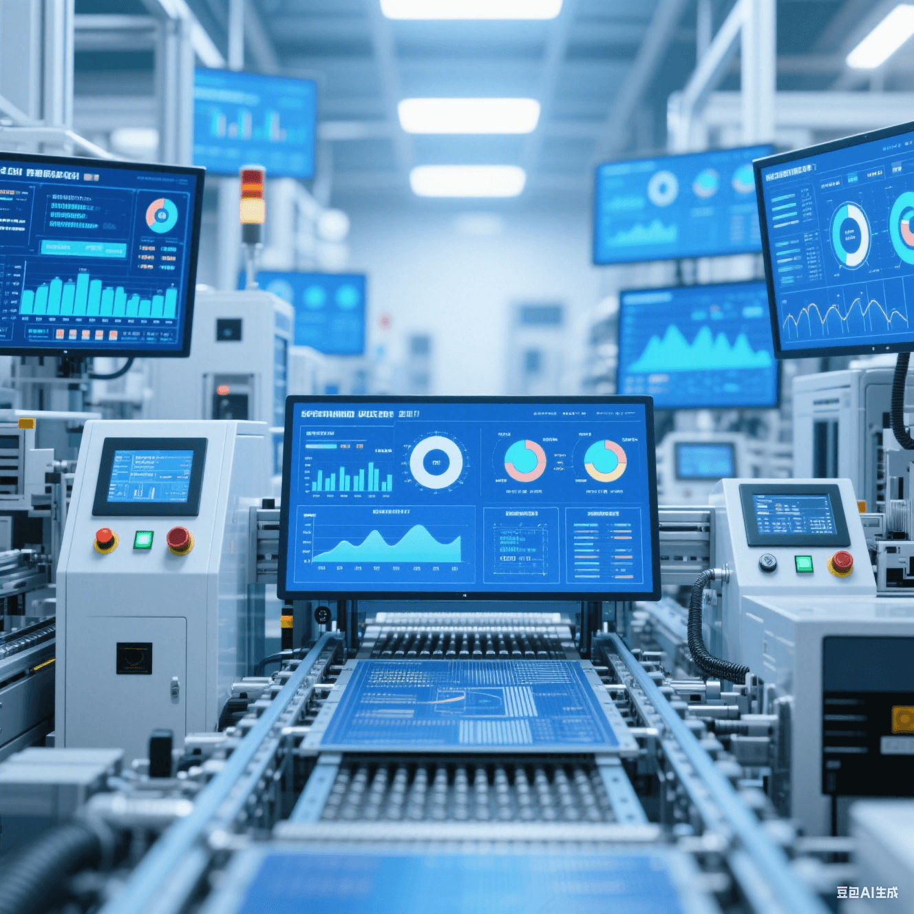 智能化 PCB 加工廠內(nèi)自動(dòng)化生產(chǎn)線根據(jù)大數(shù)據(jù)調(diào)整參數(shù)，設(shè)備顯示屏顯示生產(chǎn)數(shù)據(jù)圖表