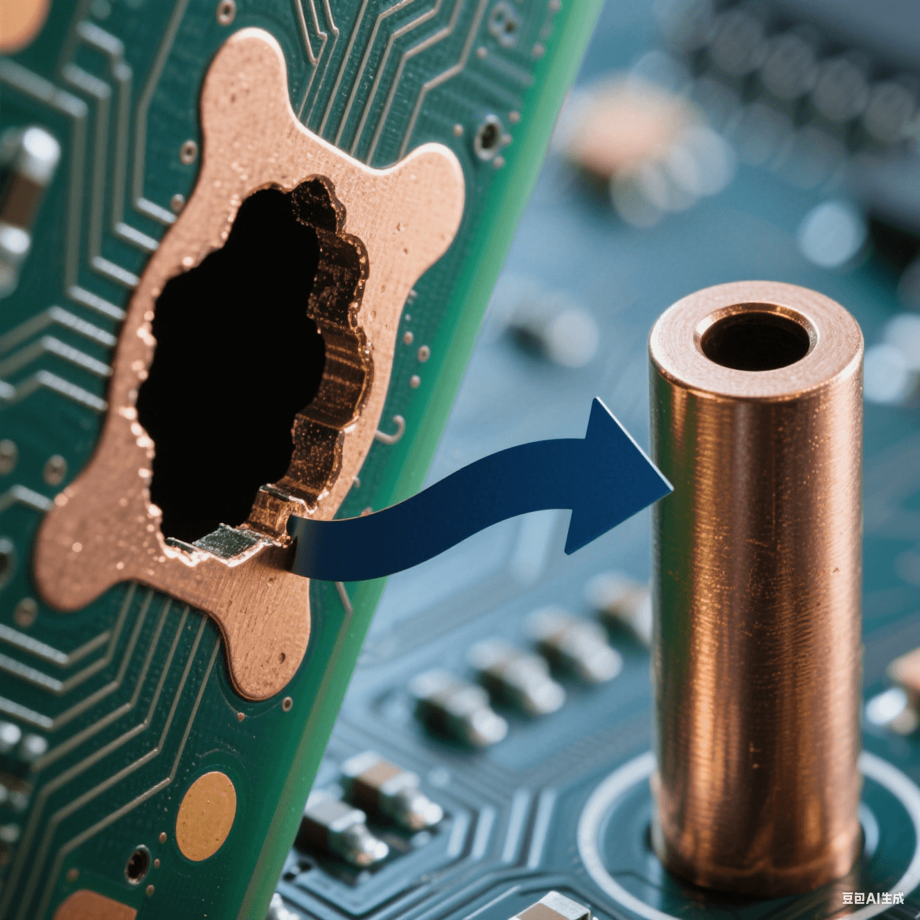 深徑比 101 的 PCB 盲孔顯微特寫，左側(cè)孔口 “狗骨” 凸起與中部空洞缺陷，右側(cè)對比均勻銅填充柱體，深藍(lán)背景中鍍液循環(huán)箭頭呈現(xiàn)孔口堵塞與孔內(nèi)暢通的動(dòng)態(tài)反差。