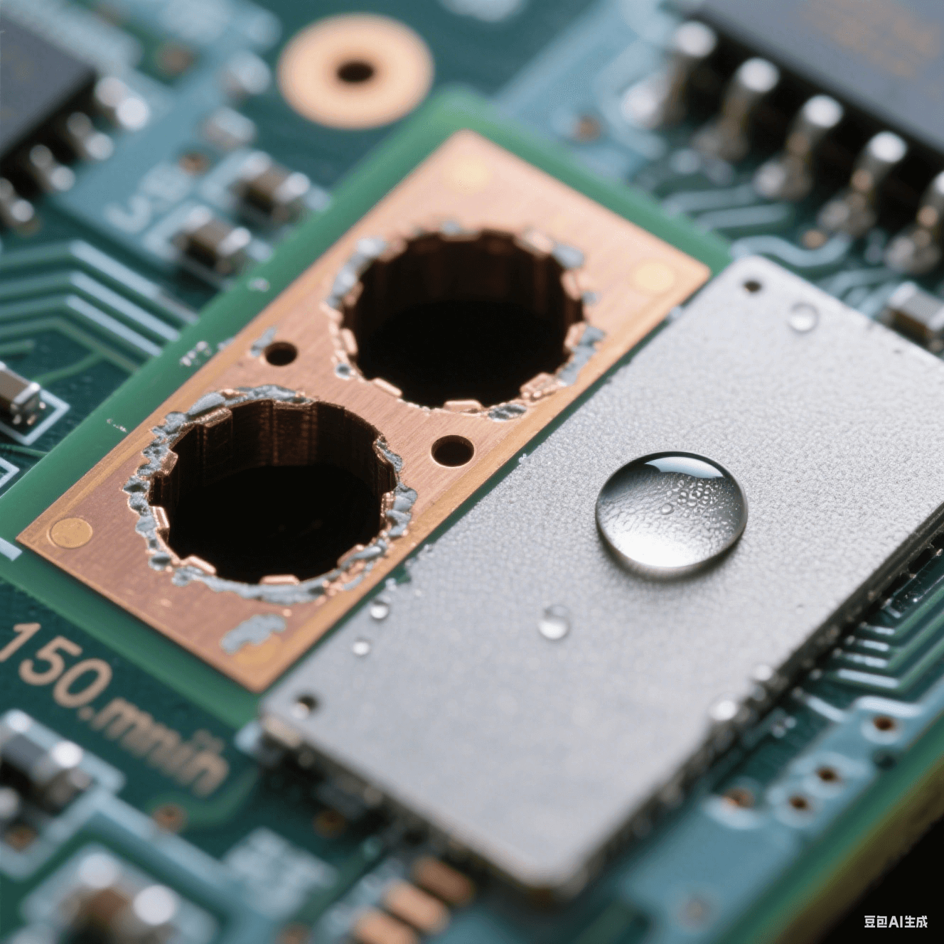 150μm 微孔橫截面顯微攝影：左側(cè)孔壁殘留環(huán)氧樹脂暗斑，右側(cè)清潔后呈現(xiàn)均勻磨砂微蝕表面，對比 85° 水滴與 30° 鋪展水膜的接觸角差異，電路板背景景深虛化