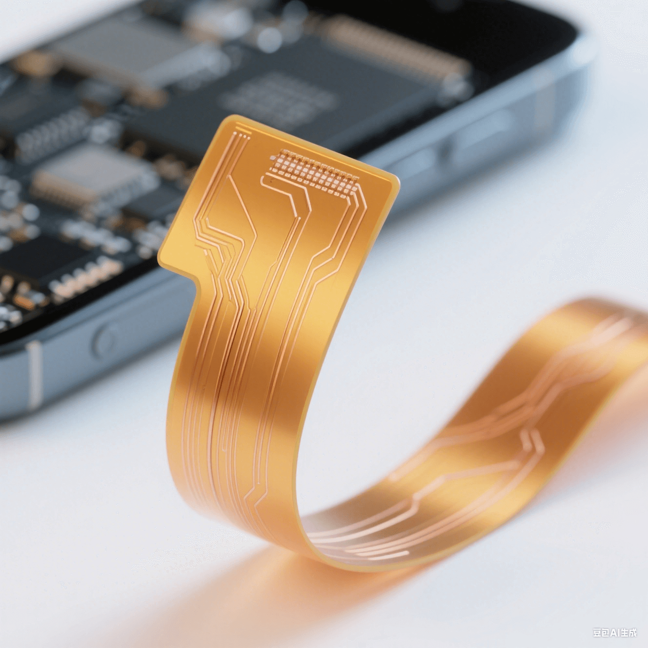 聚酰亞胺柔性板(PI FPC)特寫圖：展示輕薄彎曲形態(tài)與精細(xì)銅線路，背景暗示消費(fèi)電子產(chǎn)品應(yīng)用