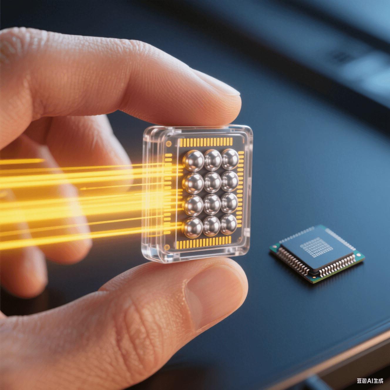 微型存儲芯片應用：人手捏持透明封裝的BGA芯片，顯露內(nèi)部焊球陣列，黃色光束象征高速數(shù)據(jù)傳輸，與傳統(tǒng)芯片尺寸對比