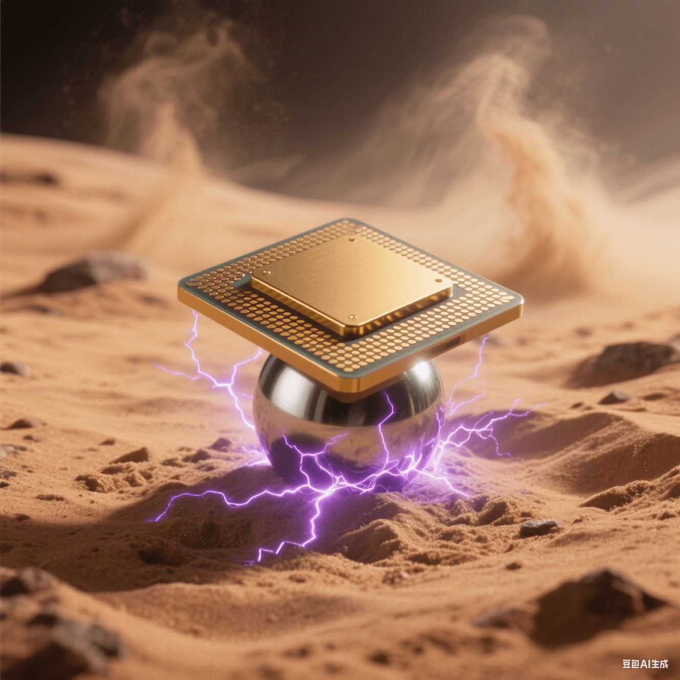 極端環(huán)境應用：金色陶瓷封裝芯片置于火星沙地，底部焊球外露，紫色電弧模擬抗輻射性能，沙塵暴背景凸顯可靠性