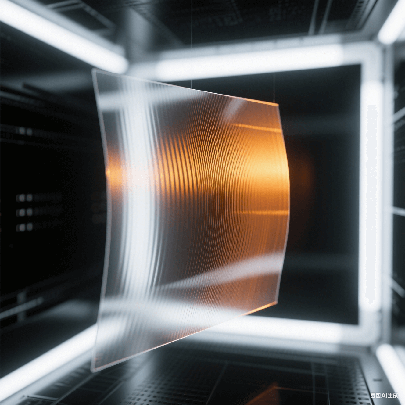 透明PI膜懸浮于冷白光真空腔，150℃/250℃溫階折射出橙/金雙色干涉條紋，殘余應(yīng)力消散軌跡具象化為偏振光柵變形