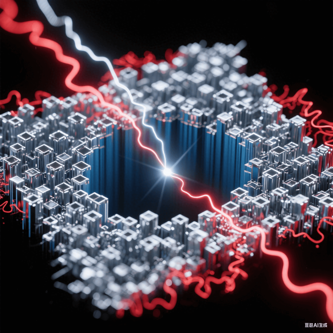 銀色正向電流束在深藍孔底構(gòu)建致密晶體矩陣，紅色反向電流波紋溶解邊緣毛刺，金屬離子流呈現(xiàn)粒子軌跡追蹤特效