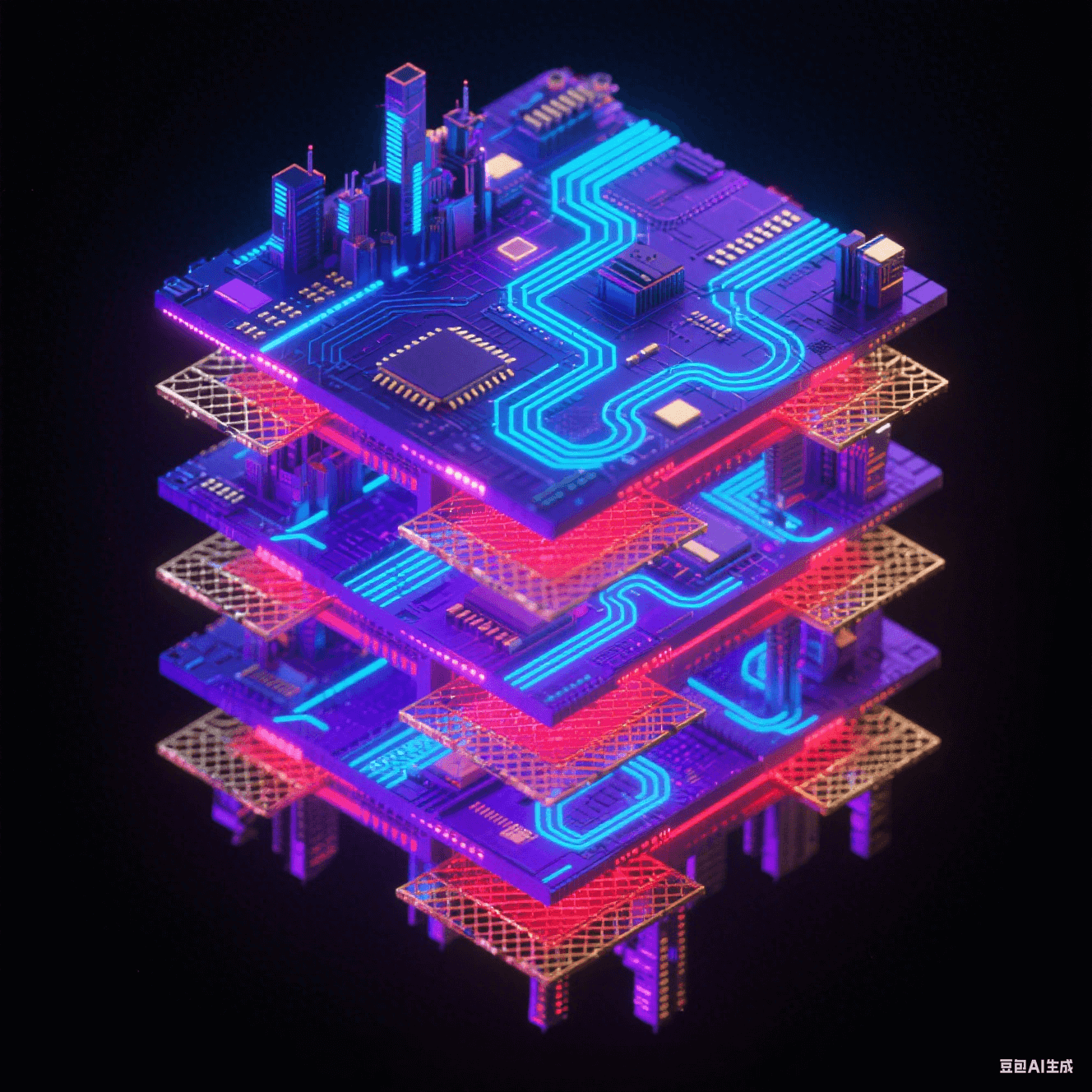 霓虹藍紫光效的8層電路板爆炸視圖：信號層蛇形走線發(fā)藍光，電源層泛紅光，接地層呈金網(wǎng)，各層懸浮排列如未來城市