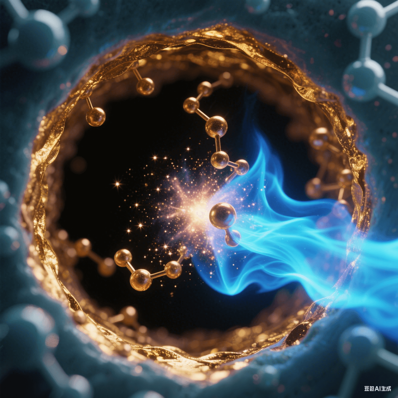 氧等離子體流如藍色火焰掃過微孔，孔壁表面能提升形成金色親水膜，化學(xué)沉銅離子如星云向孔內(nèi)聚集 