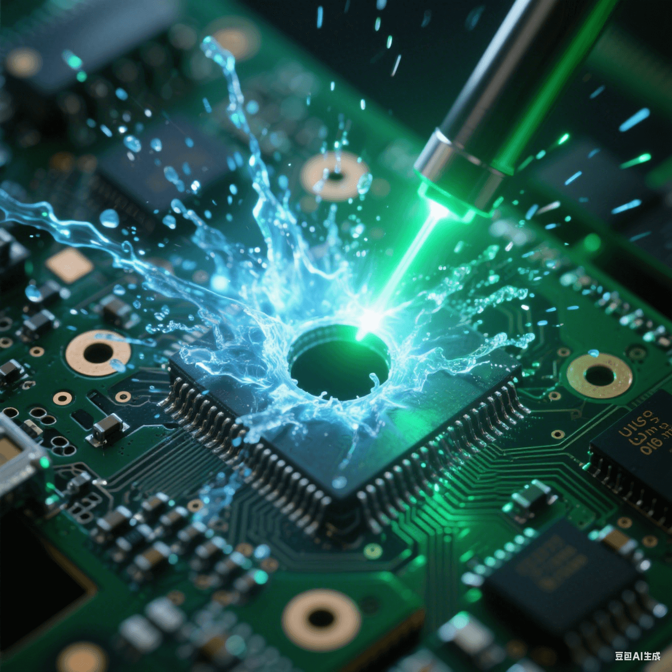 532nm綠激光脈沖穿透電路板瞬間，等離子體藍光從0.1mm孔內(nèi)爆發(fā)，熱影響區(qū)控制在3μm內(nèi)的冰凍特效