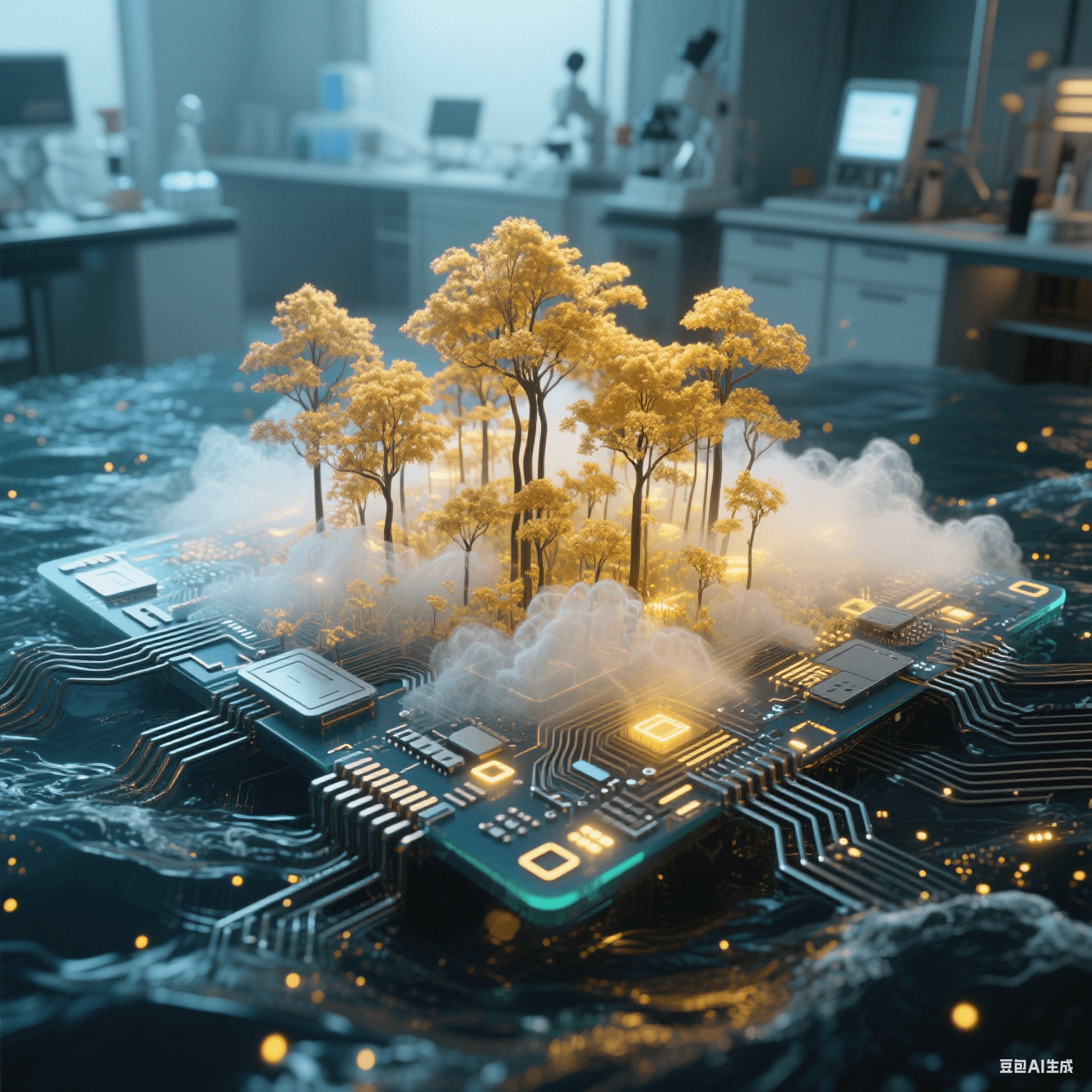 碳納米管在電路表面生長成金色森林，氣凝膠絕緣層如透明云霧籠罩，降解基板在海水中化為發(fā)光粒子