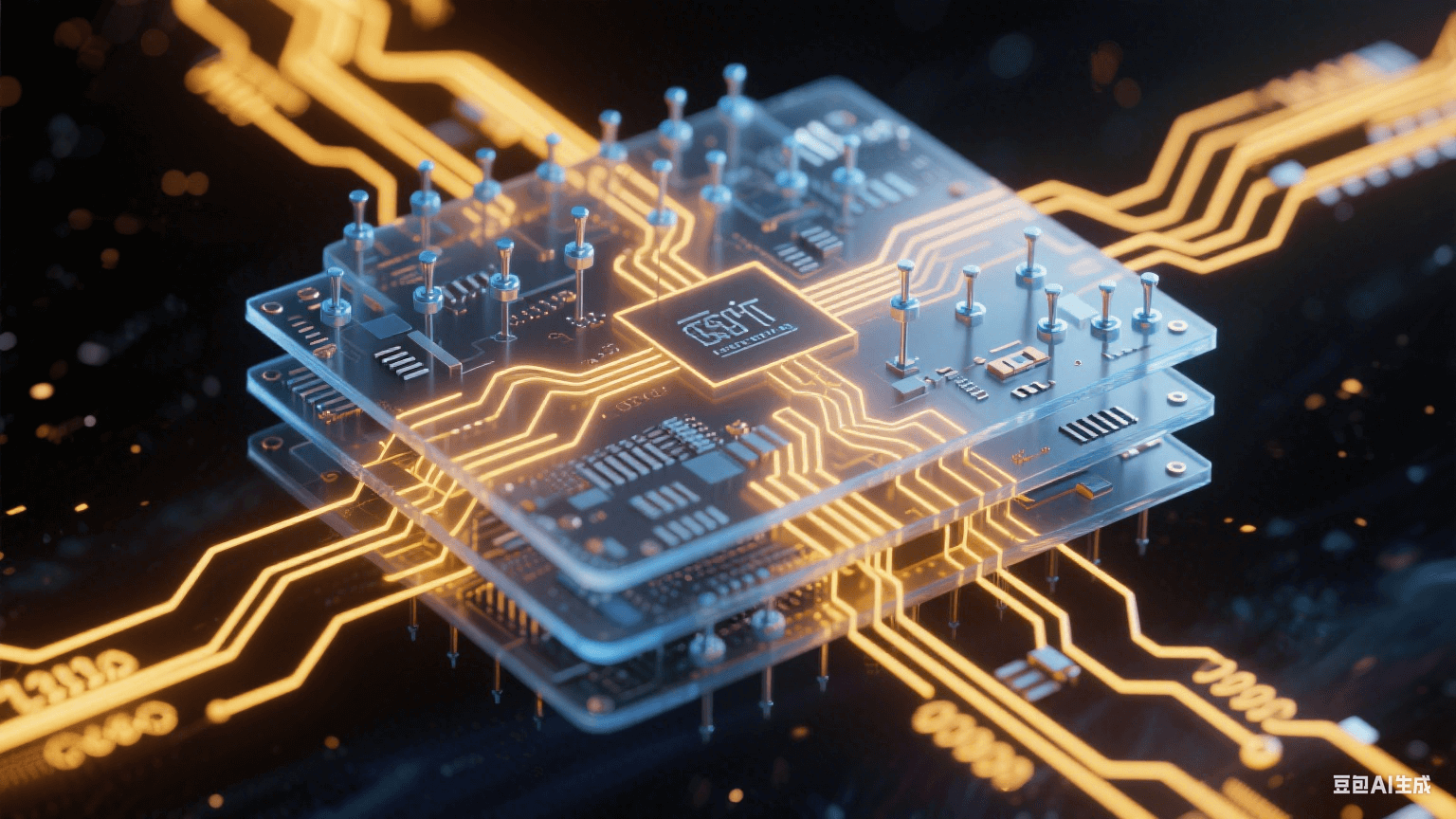 多層電路板信號(hào)傳輸系統(tǒng)：0.05mm線寬金色電路通道中脈沖電流流動(dòng)，冰藍(lán)色探針陣列精準(zhǔn)接觸納米焊盤，-40℃至125℃溫標(biāo)環(huán)包裹的極端環(huán)境測(cè)試場(chǎng)景