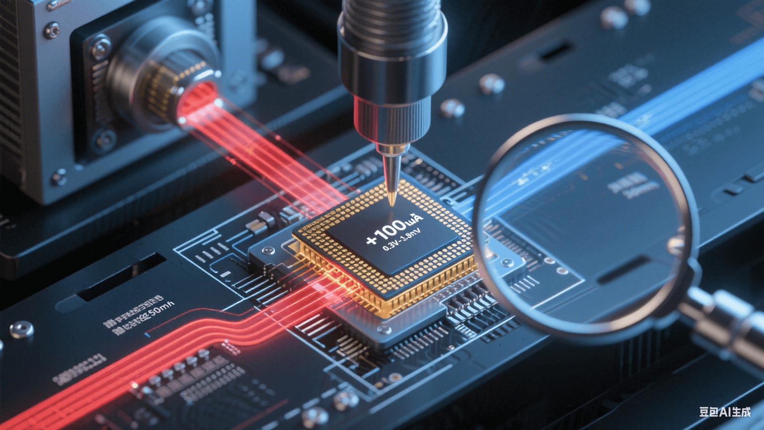 ATE測(cè)試信號(hào)閉環(huán)流程圖：紅色激勵(lì)信號(hào)經(jīng)50Ω微帶線輸入BGA芯片，金色響應(yīng)信號(hào)返回ATE機(jī)臺(tái)，顯微特寫顯示±100μA電流在0.3V-0.8V保護(hù)二極管測(cè)試區(qū)間