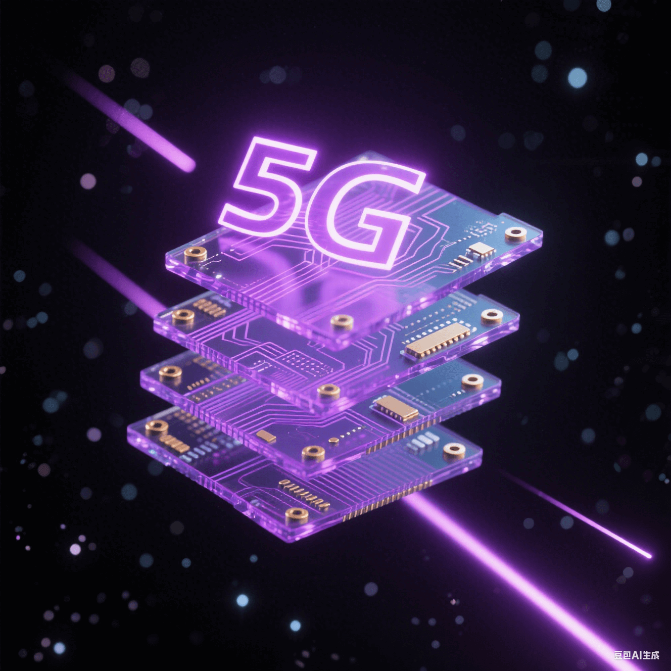 抽象多層電路板懸浮于深空背景，紫色發(fā)光線路與金色過孔構(gòu)成脈沖光網(wǎng)，水晶質(zhì)感介電材料呈現(xiàn)5G信號(hào)傳輸概念