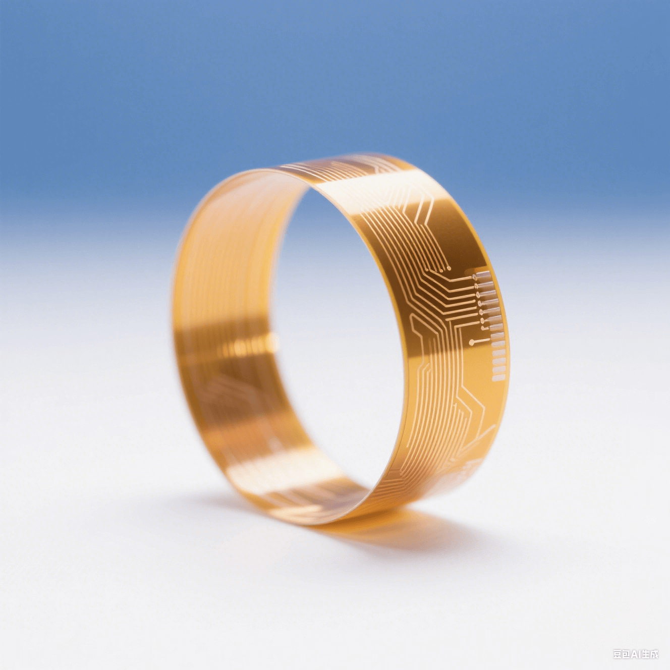 聚酰亞胺柔性電路板在白色背景中以5mm半徑彎曲，金色銅箔線路折射暖光，冷調(diào)環(huán)境光突顯材料柔韌性與科技感