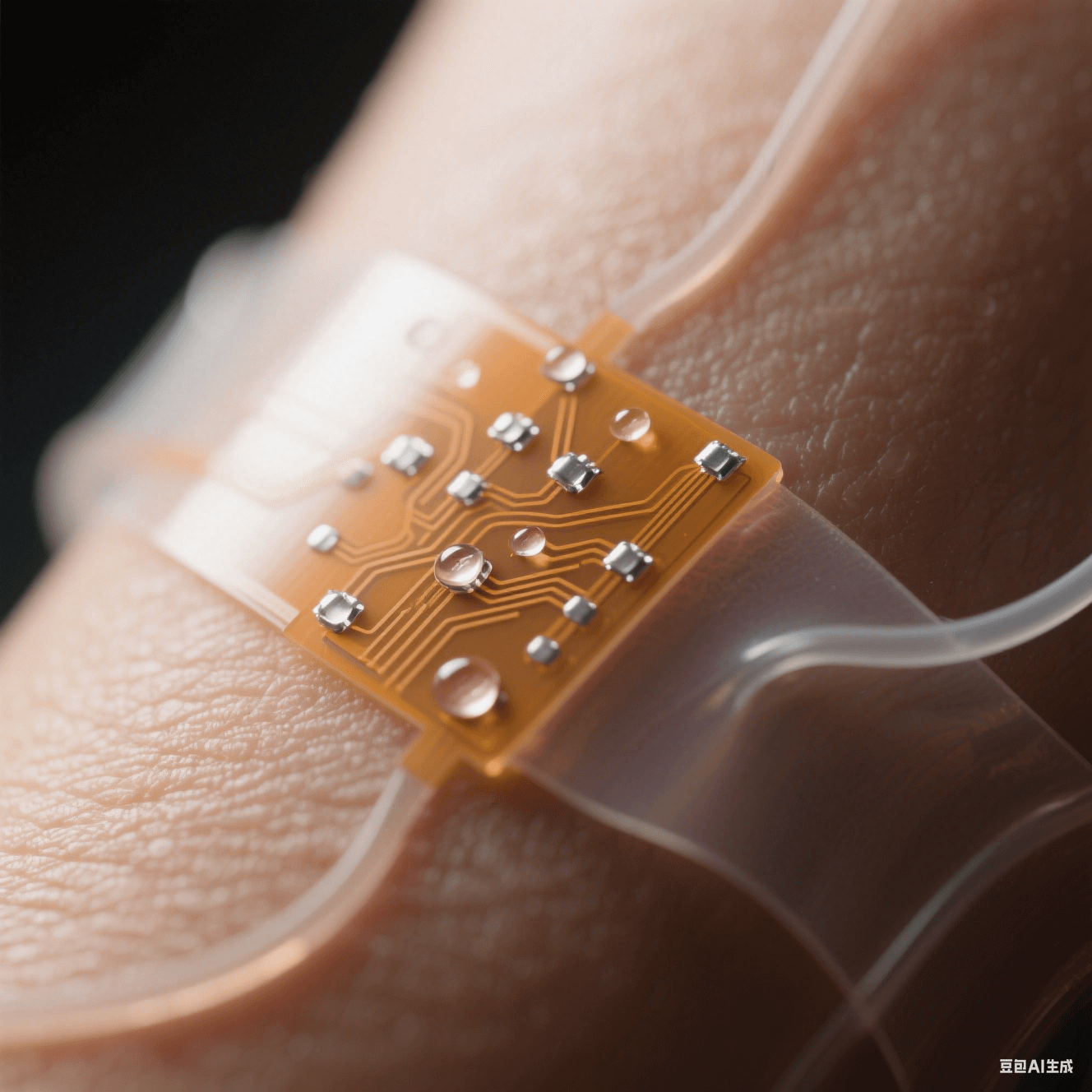 半透明琥珀色柔性電路板微距貼合人類皮膚，銀色焊點(diǎn)如露珠嵌于生物相容涂層表面，邊緣自然卷曲呈現(xiàn)醫(yī)療電子融合