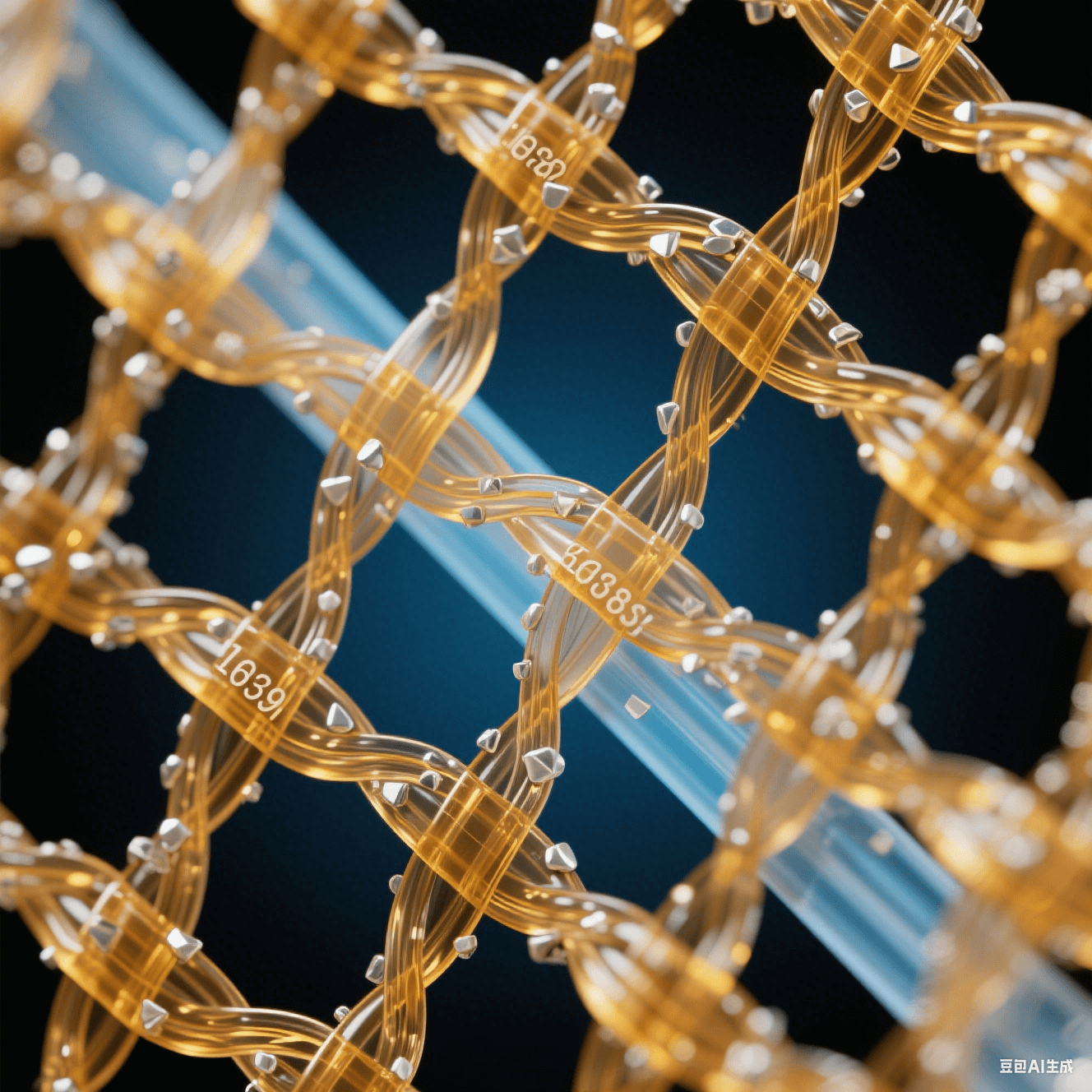 透明玻璃纖維束嵌入琥珀色環(huán)氧樹脂網(wǎng)格，表面附著銀白色納米顆粒，冷藍(lán)背光突顯三維網(wǎng)狀復(fù)合結(jié)構(gòu)