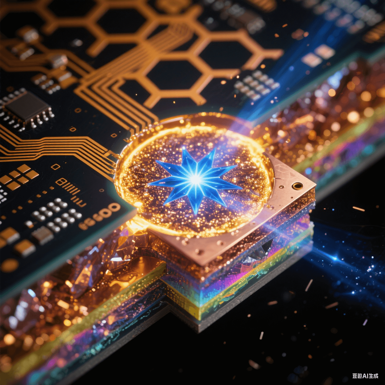 超流體動力學渲染的多層HDI板4D集成概念，液態(tài)光子流在透明基板立體通道穿行，鉆石微粒元件自組裝，詮釋任意層互連技術的量子級演進