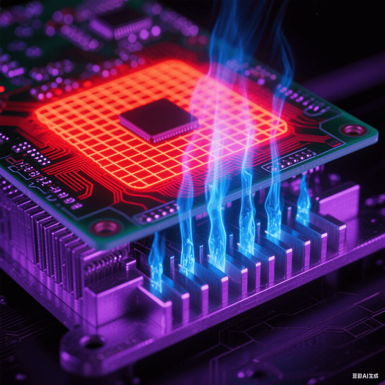 紅外視角PCB亮紅色高溫區(qū)，藍(lán)色柱狀熱過孔貫穿連接底部散熱鰭片，鋁基板泛金屬冷光，熱蒸汽在紫黑背景上升
