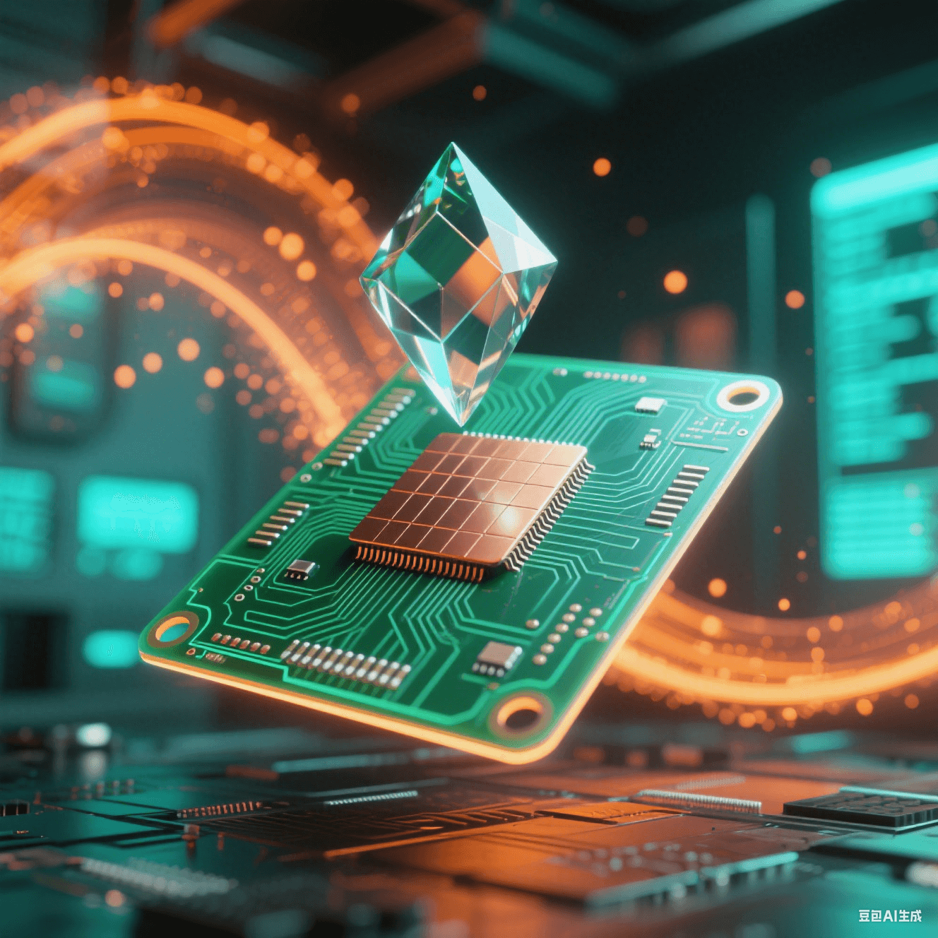 懸浮透綠PCB被激光網(wǎng)格掃描，交匯點(diǎn)凝結(jié)飄浮菱形水晶，銅厚光帶投射陰影，霓虹粒子流抽象數(shù)據(jù)庫(kù)青橙光霧彌漫