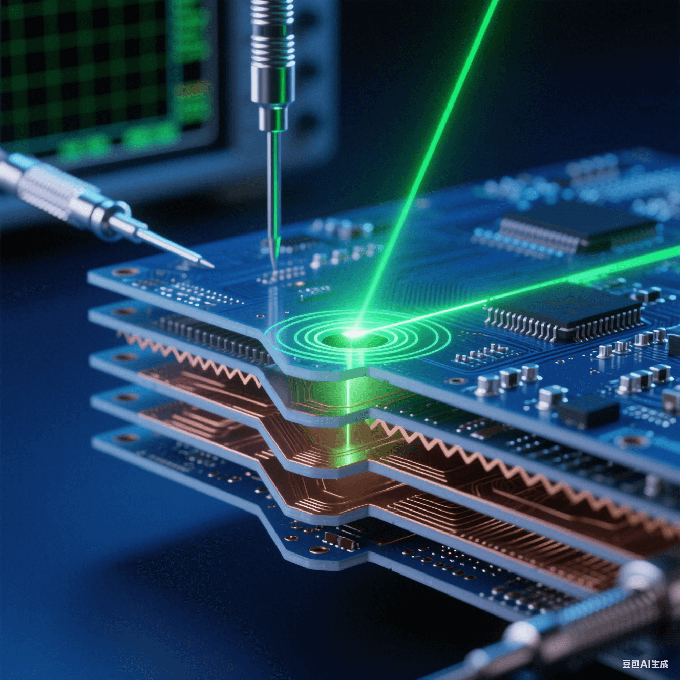 透明多層PCB剖面鋸齒銅層結(jié)構(gòu)，綠色激光在過孔處反射形成漩渦，銀色探針接觸測(cè)試點(diǎn)，鈷藍(lán)背景虛化示波網(wǎng)格