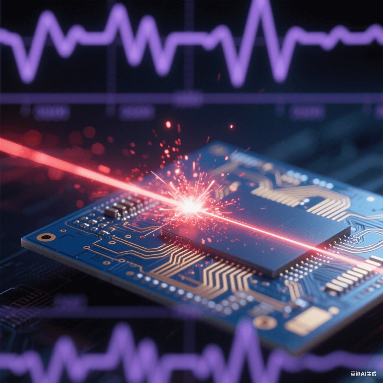 深藍(lán)色PCB上金色電路脈沖激光傳輸，末端爆裂為紅色粒子霧，背景虛化示波器波形與冷紫色工業(yè)激光束，高對(duì)比玻璃纖維紋理微觀呈現(xiàn)