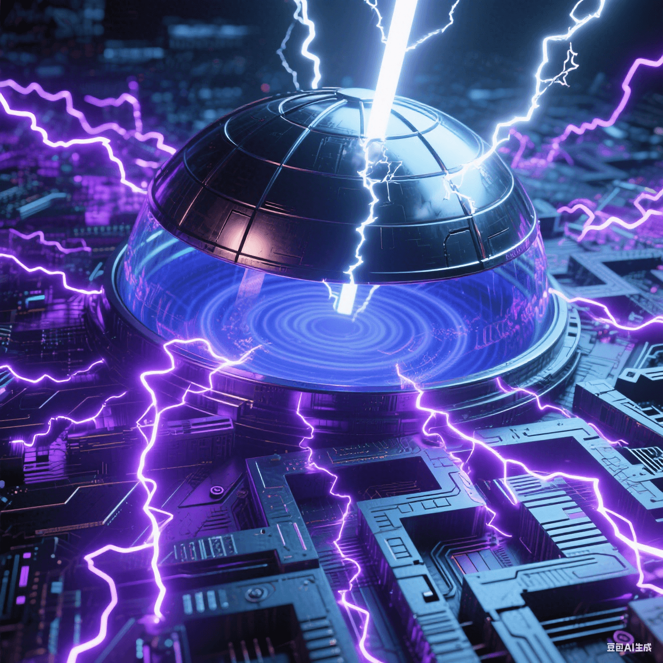 密集紫色電弧在電路間跳躍，金屬穹頂籠罩后衰減為藍(lán)色漣漪，穹頂裂縫輻射熾白光束，熔融金屬與冷電路背景碰撞