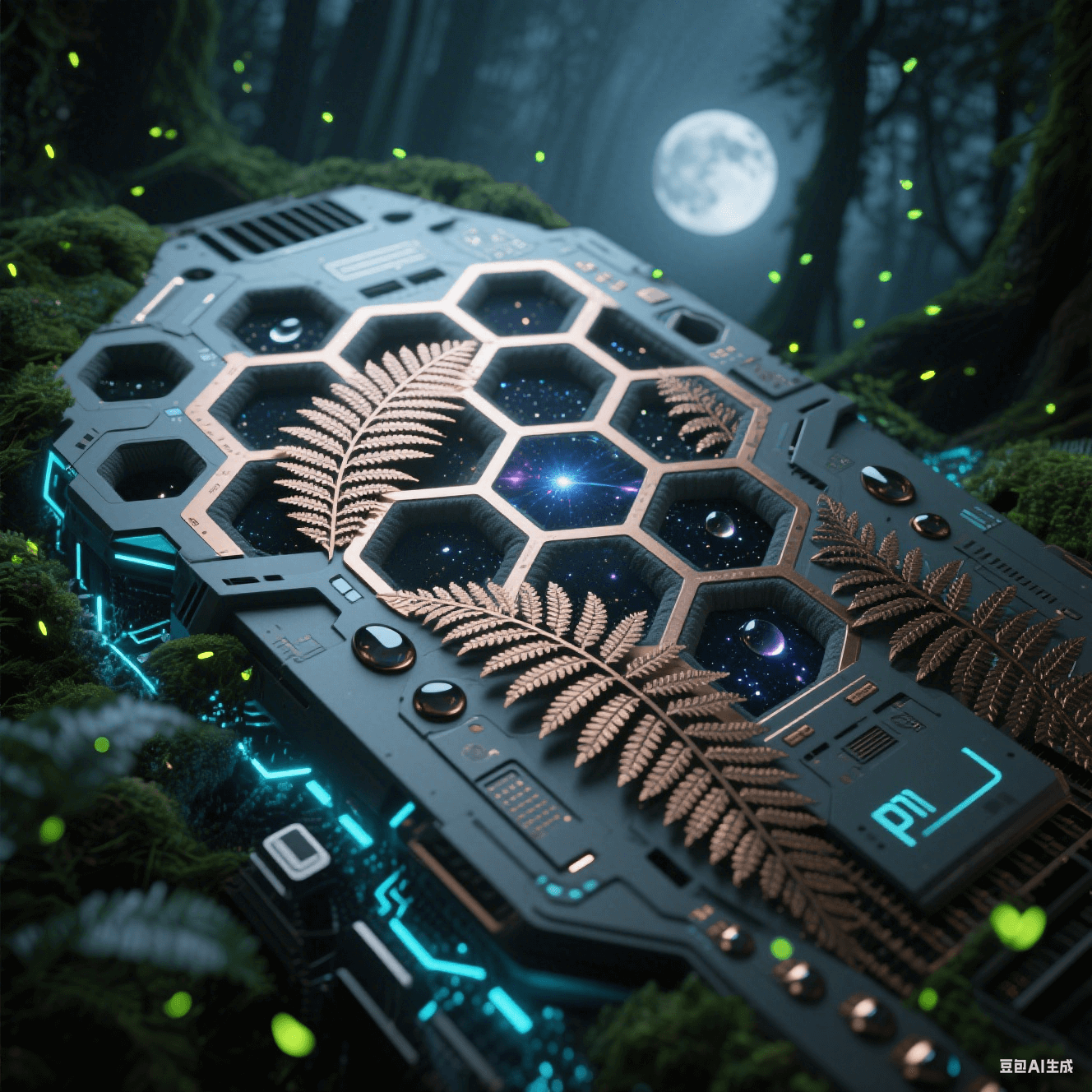 蜂巢結(jié)構(gòu) PTFE 核心流淌銀河光脈，銅箔生長蕨葉狀散熱紋，液態(tài)金屬焊盤與全息粒子嵌入碳灰緩沖層，月光森林氛圍中飄著螢火蟲光點的未來生態(tài)畫面