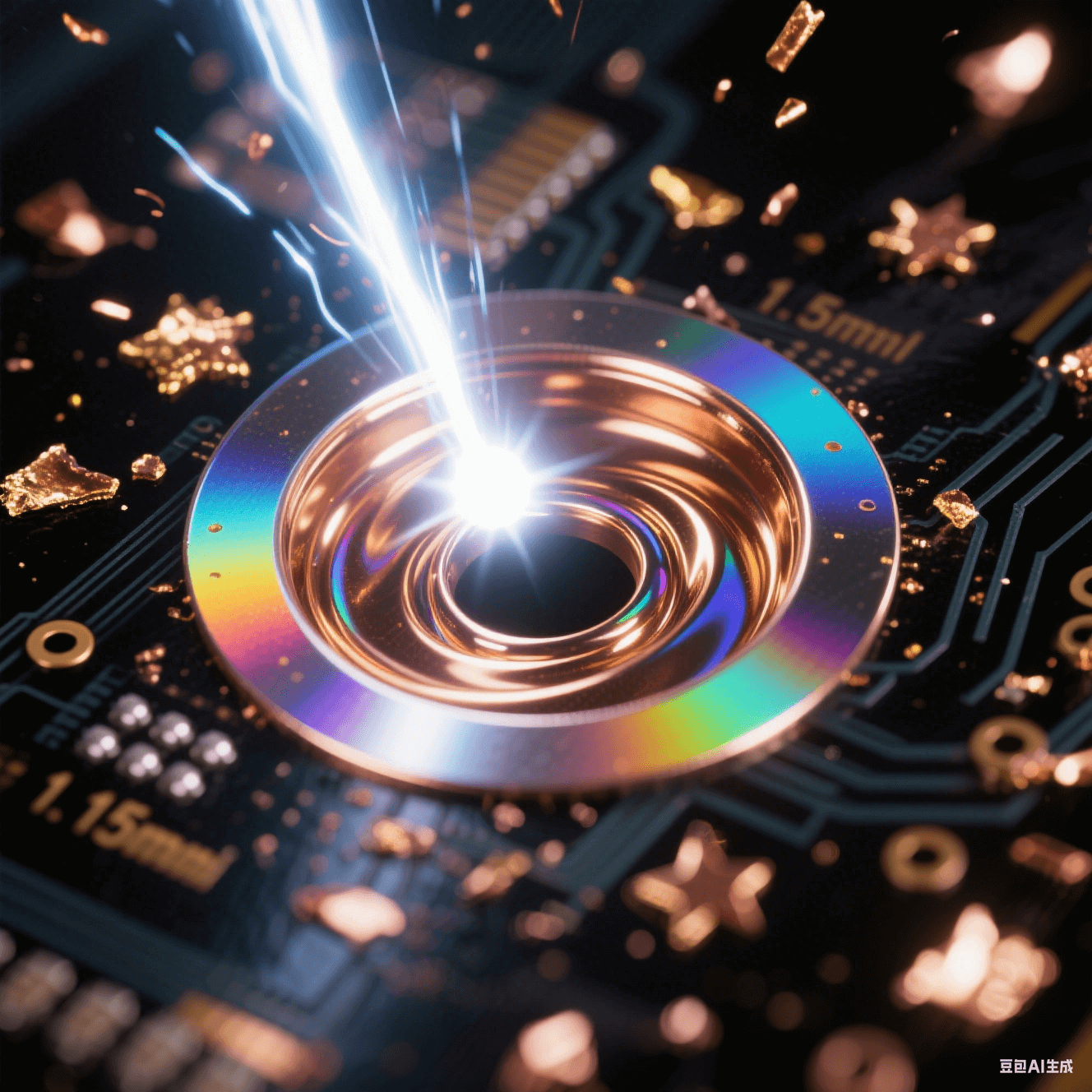 激光鉆孔微距視角 - 紫外激光束聚焦 0.15mm 孔徑 - 熾白能量光斑 - 孔壁鏡面拋光反射七彩虹光 - 深空黑背景 - 金色銅屑星塵 - 孔內(nèi)化學鍍銅液液態(tài)金屬漩渦