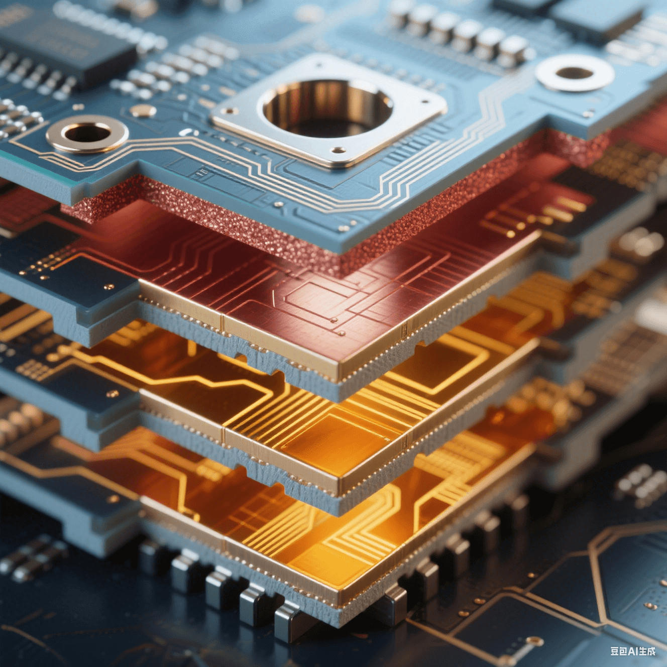 六層電路板橫截面顯微圖（放大 100 倍）- 藍灰 / 金 / 銅色交替層壓 - 厚銅紅色電源層 - 金色正交信號走線 - 半透明琥珀色樹脂層間填充 - 邊緣應(yīng)力釋放槽機械切割面 - 冷白光投射孔壁高光