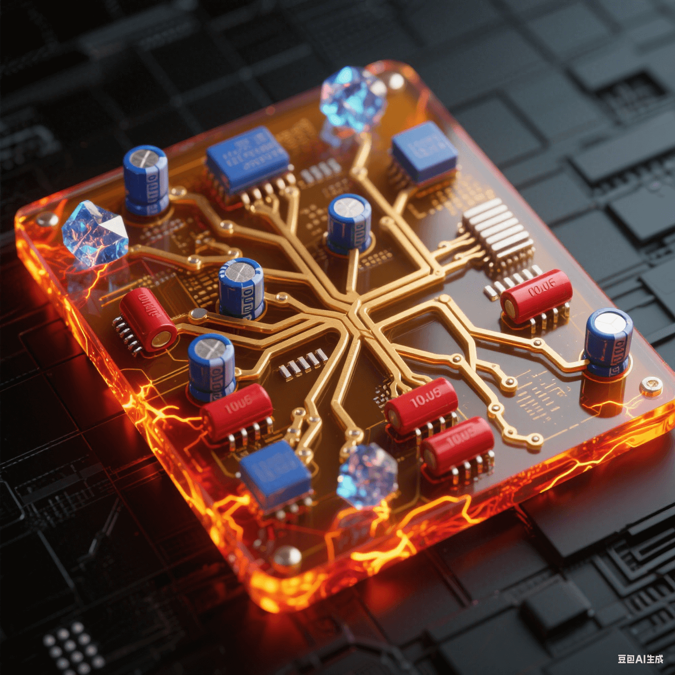 琥珀色透明基板上錯(cuò)綜電源樹(shù)突網(wǎng)絡(luò)，厚鍍金主干道泛熔融橙紅光，鈷藍(lán)陶瓷電容群跳電弧光，猩紅電解電容蕩漾熱能波紋，磨砂黑底板浮現(xiàn)金網(wǎng)格