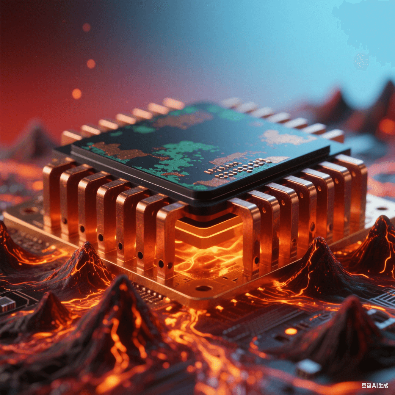 陶瓷黑芯片底部延伸赤銅散熱片，密集火山狀散熱孔噴發(fā)橙紅粒子流，熔金液態(tài)銅箔蒸騰熱浪，氧化銅綠斑與金屬反光在紅藍(lán)漸變背景中交織