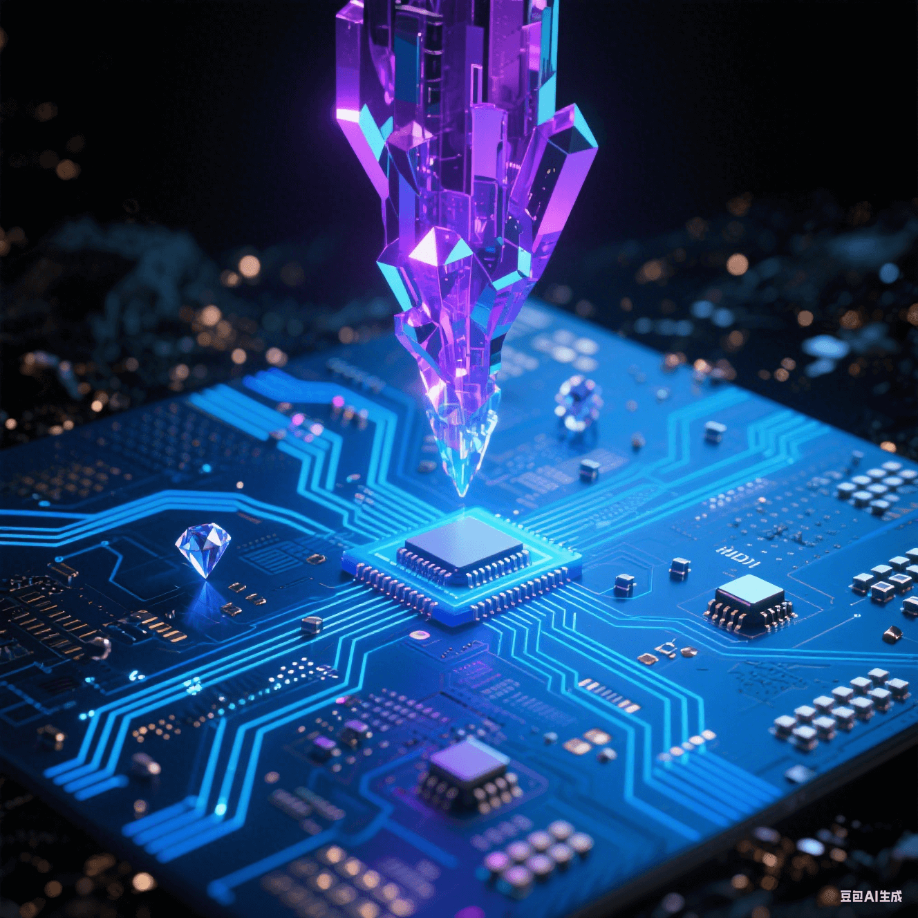 幽藍(lán)HDI基板中百萬(wàn)微孔構(gòu)成三維神經(jīng)網(wǎng)，虹彩偏光細(xì)線交織，懸浮鉆石微粒電容脈沖藍(lán)光，分形紫晶毫米波導(dǎo)結(jié)構(gòu)矗立于金屬粉塵暗背景