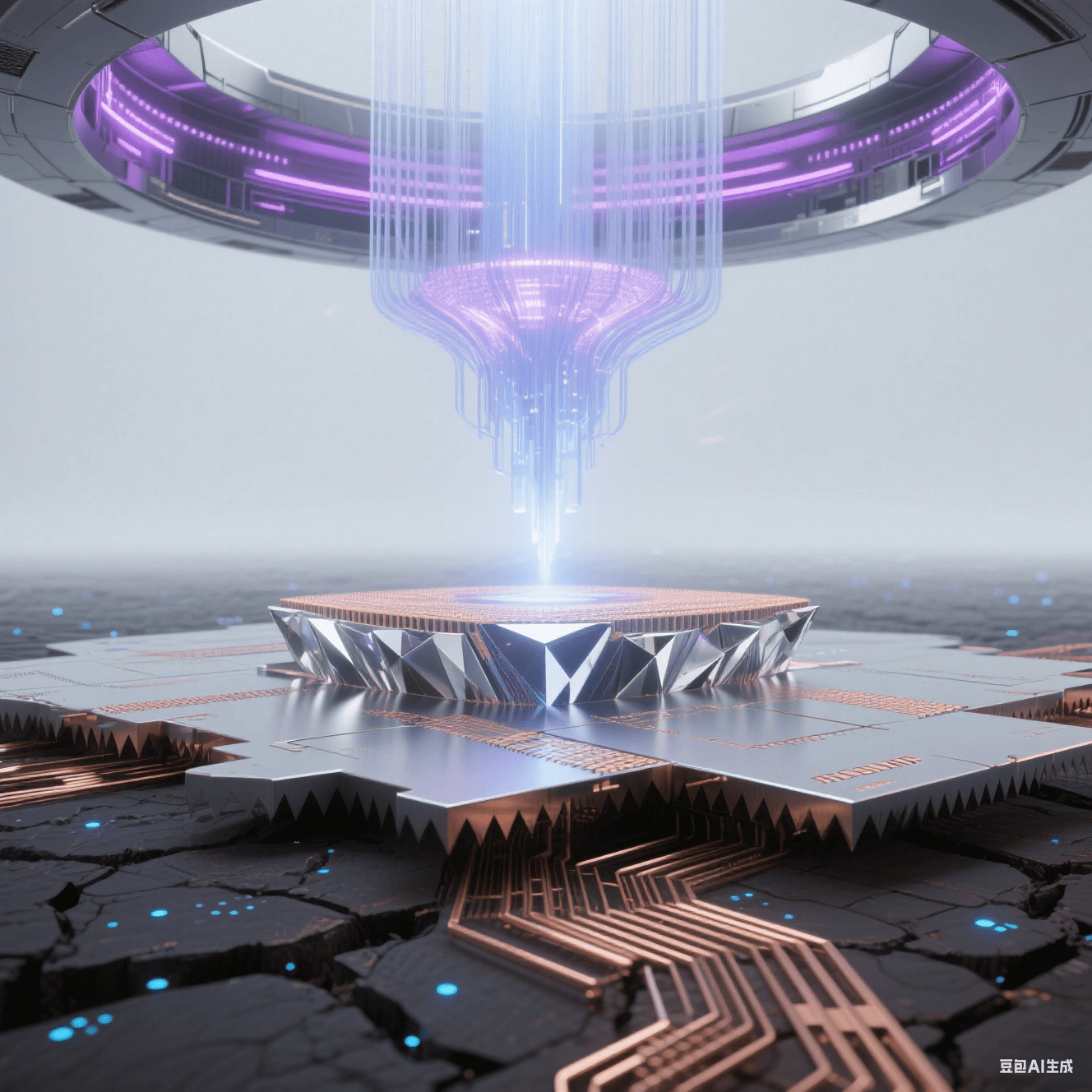 抽象科技穹頂下的技術(shù)演進(jìn)，底部傳統(tǒng)蝕刻銅線如干裂大地，中部 mSAP 銅線如精密切割水晶，頂部 EUV 光刻 3μm 銅線如懸浮納米絲，極紫外激光激發(fā)紫色等離子輝光