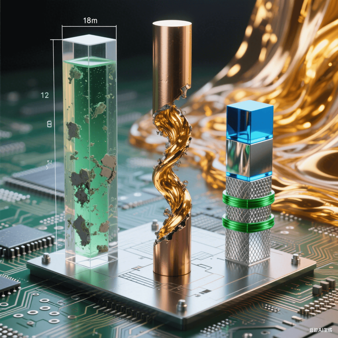 科技實驗場景：電路板上三柱對比——左柱封存綠液殘渣，中柱銅體斷裂迸發(fā)金色流體，右柱藍(lán)光-銀網(wǎng)-綠環(huán)有序堆疊，背景熔金象征突破