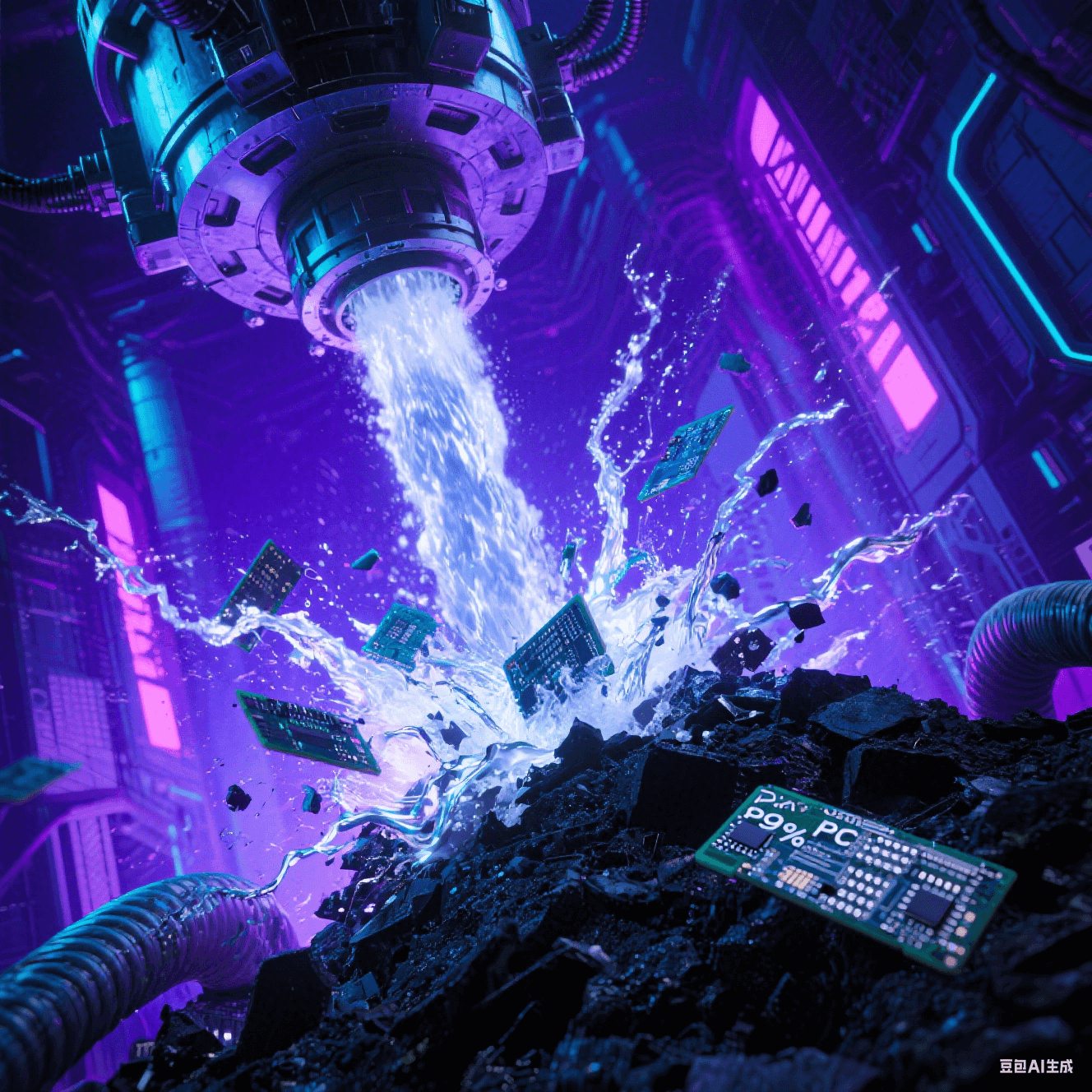  超臨界水解反應器：高壓水流撕裂PCB，99%純度玻纖（銀色絲束）與黑色碳渣分離 