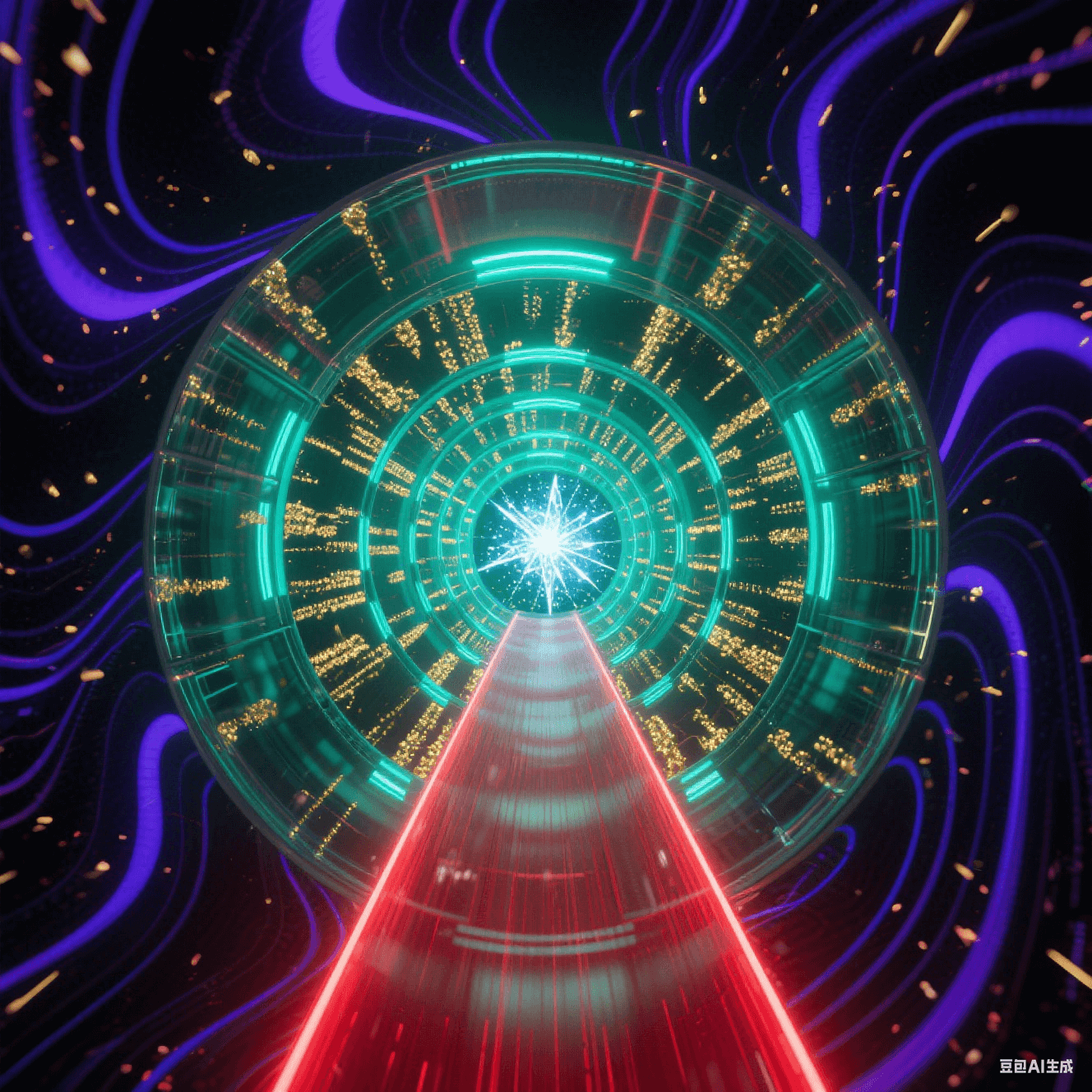 透明隧道壁嵌自旋金粒子陣列，外部紫黑波紋撞擊濺射靛藍(lán)漣漪，中央猩紅光束直線疾馳，壁面折射無(wú)限延伸的熒光綠遞歸結(jié)構(gòu)