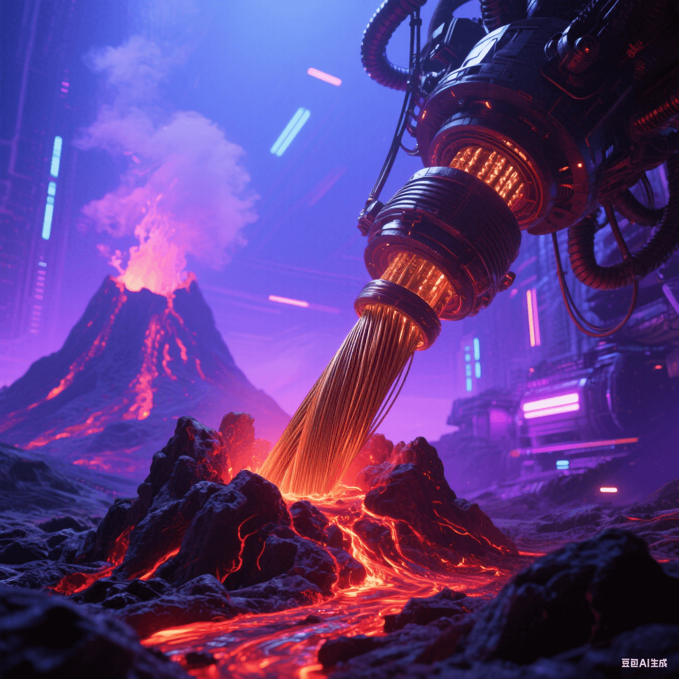 玄武巖纖維替代：火山巖熔融拉絲過程，暗紅熔巖凝固成青銅色纖維束