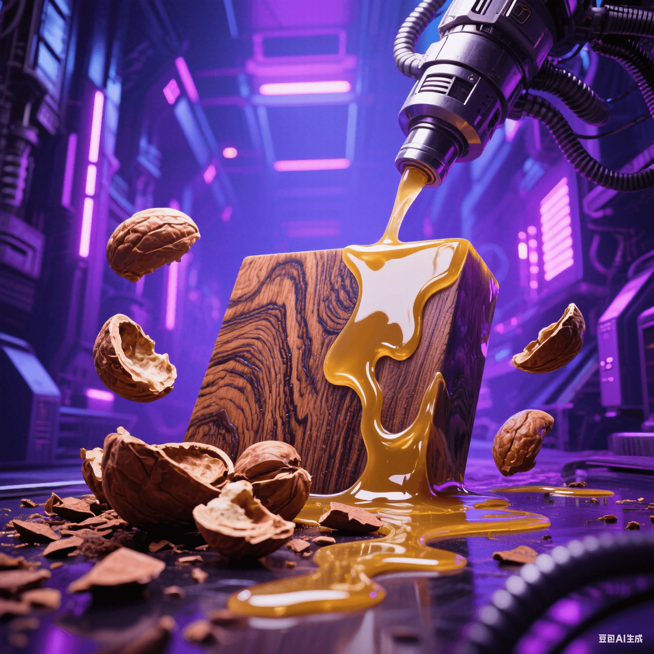 生物基樹脂合成：腰果殼原料（棕褐色有機碎片）融入金色液態(tài)樹脂，木紋肌理與環(huán)氧流光交融